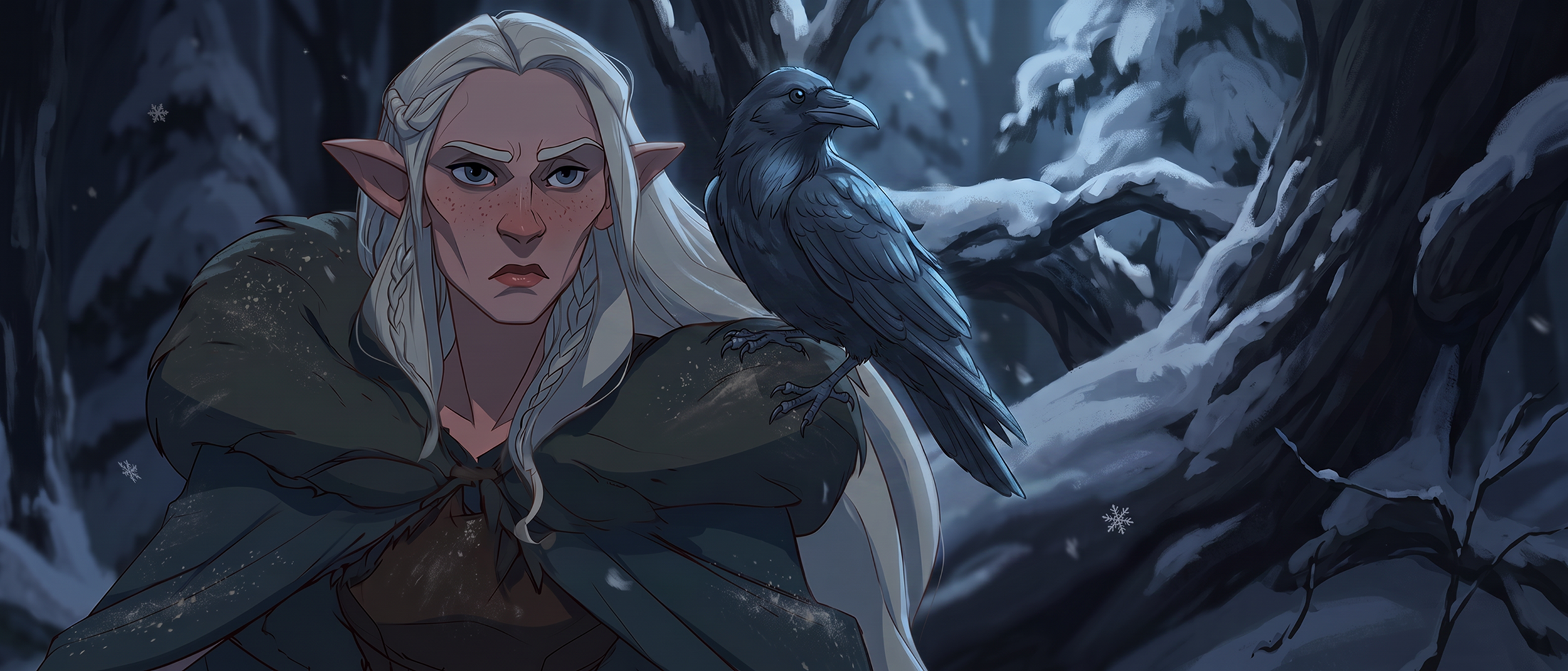 An animated female elf with long white hair and pointed ears is outdoors in a snowy winter forest, holding a black raven on her shoulder. Snowflakes are falling around her.