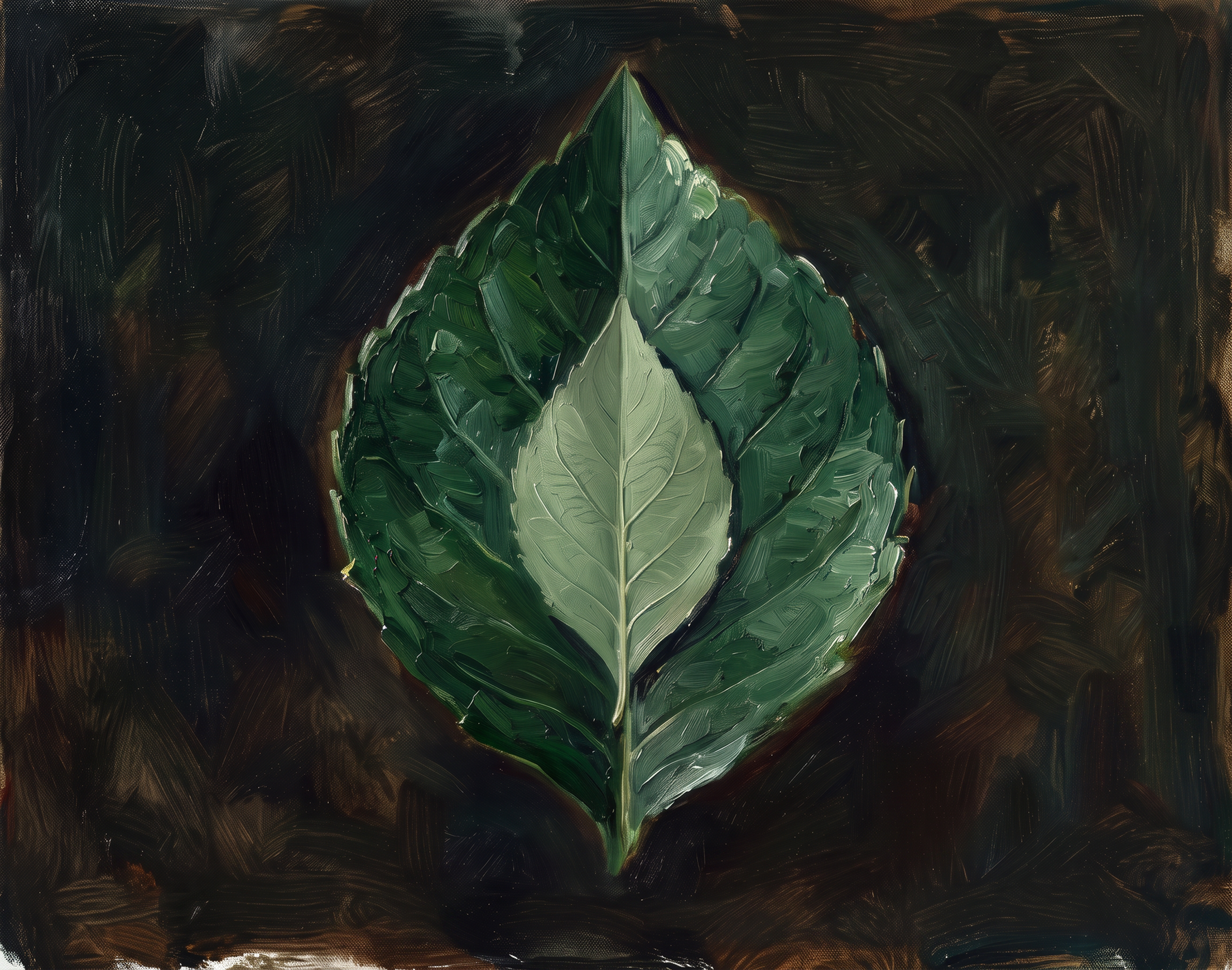 An abstract painting of a green leaf on a dark, textured background.