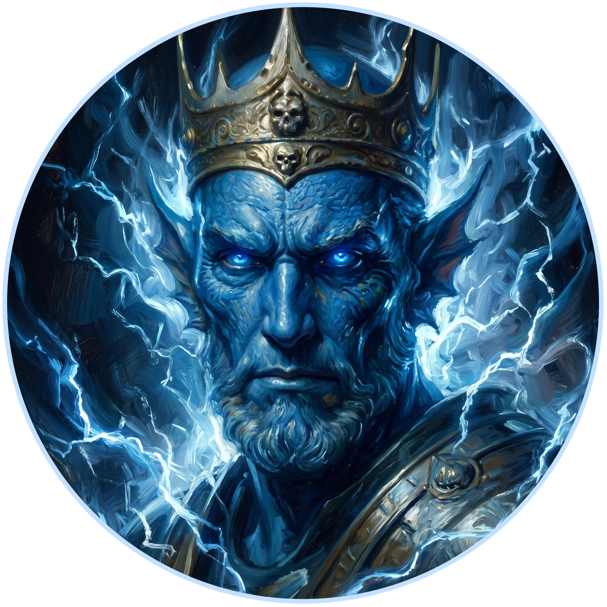 A digital painting of a fierce, blue-skinned warrior with glowing blue eyes, wearing a golden crown with skull motifs, surrounded by swirling lightning in shades of blue and white.