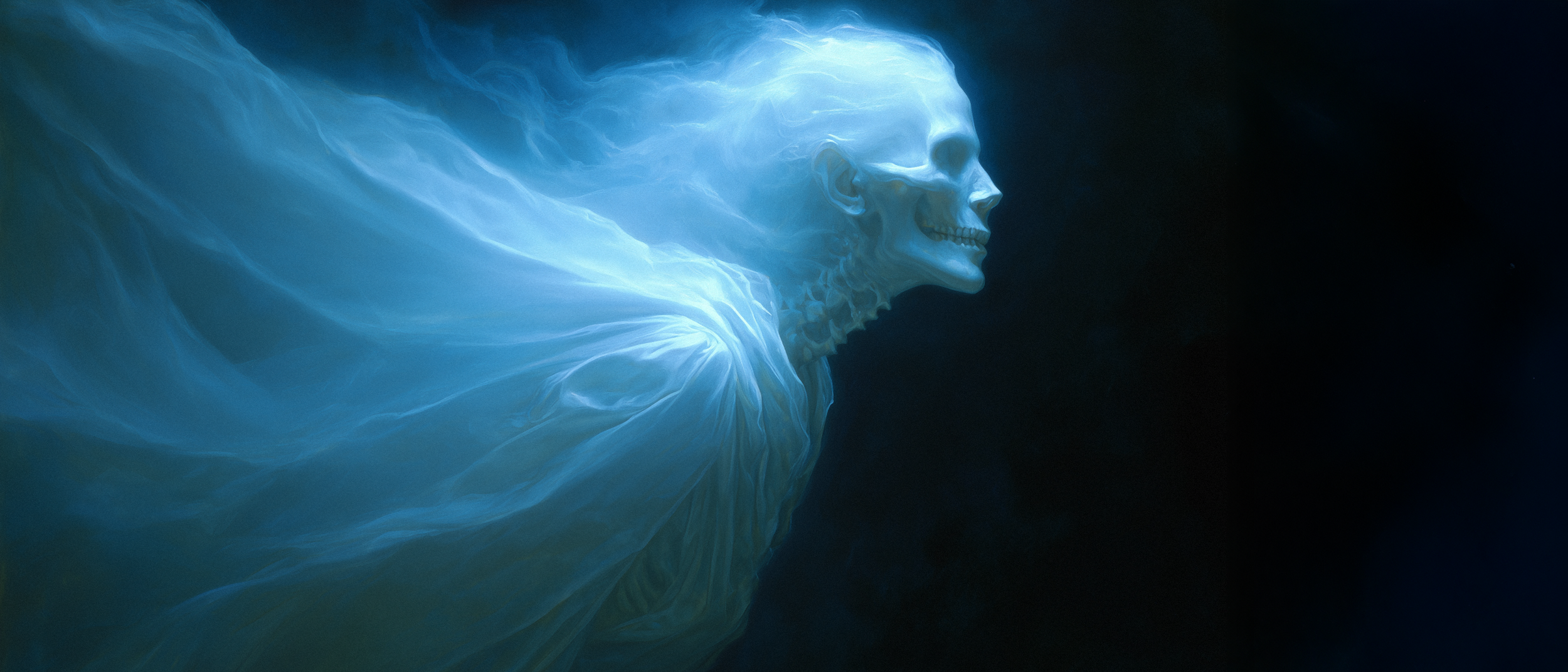A digital illustration of a glowing, semi-transparent skeleton with flowing energy-like tendrils emanating from it, set against a dark background.