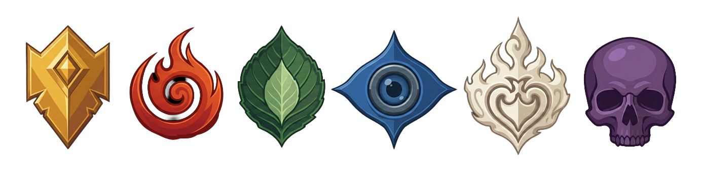 Icons representing different game factions or classes, including a golden shield, red flame, green leaf, blue eye, silver flame, and purple skull.