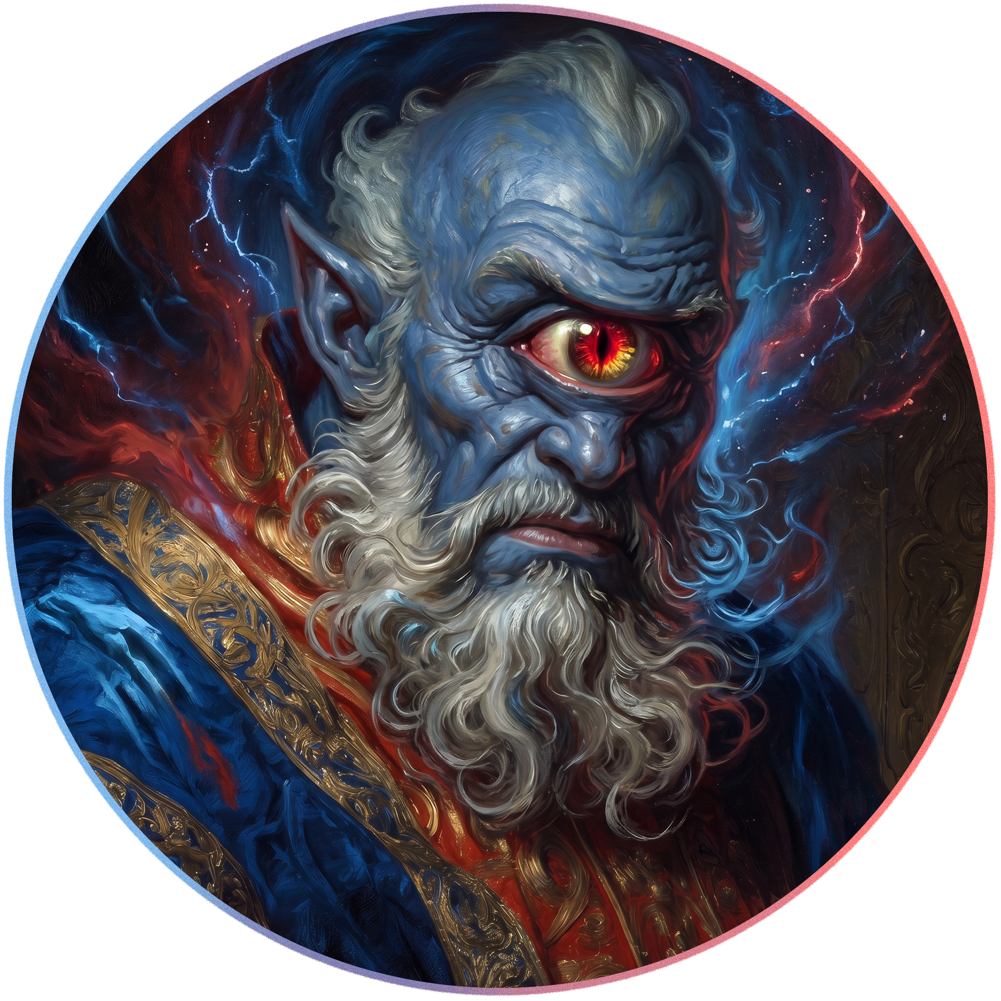 A surreal, abstract digital artwork featuring a distorted human face with a single, glowing red eye, surrounded by swirling, colorful energy and lightning effects, with a red and blue curved border.