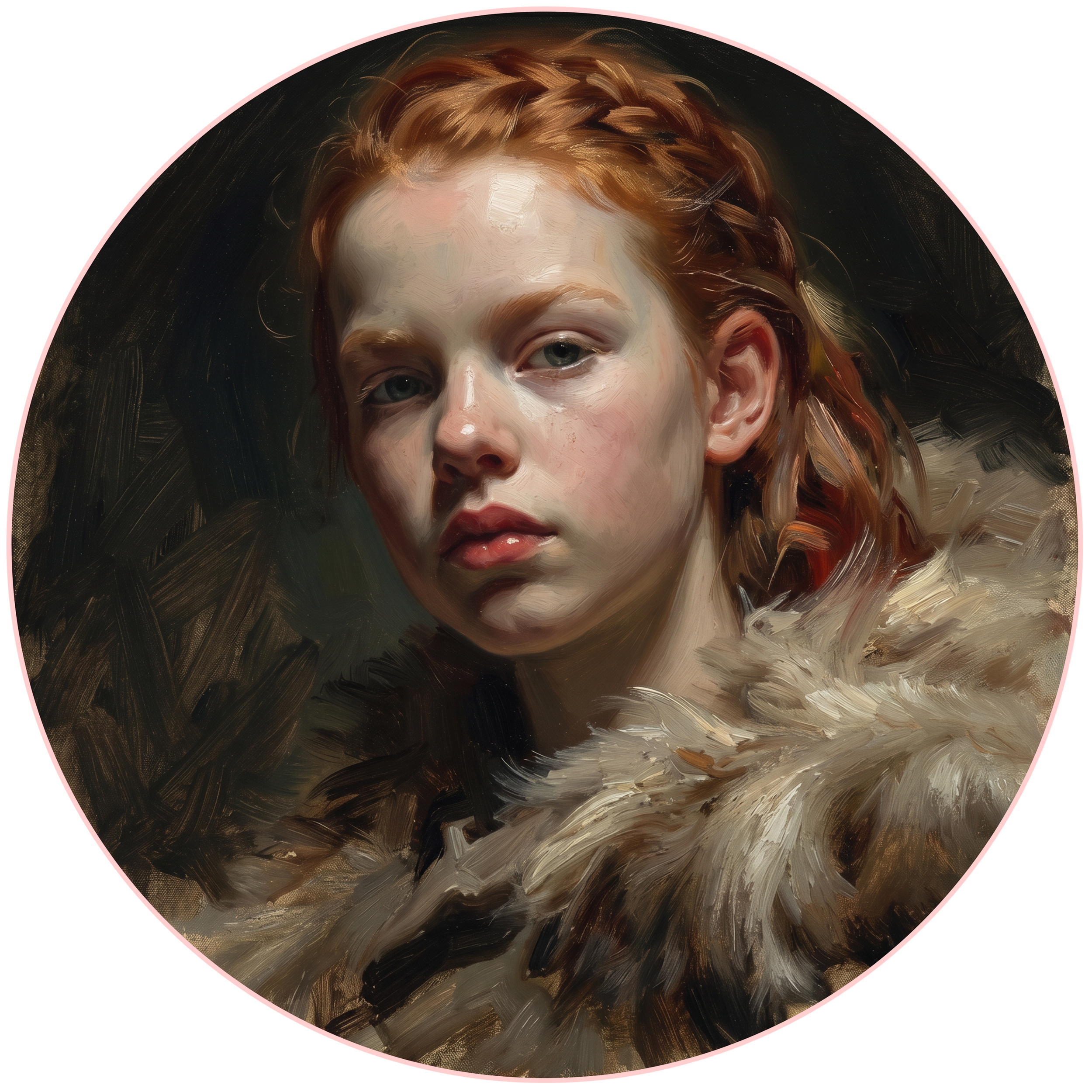 A digital painting of a young woman with red hair and green eyes, resting her head on a dark surface with a pink background.