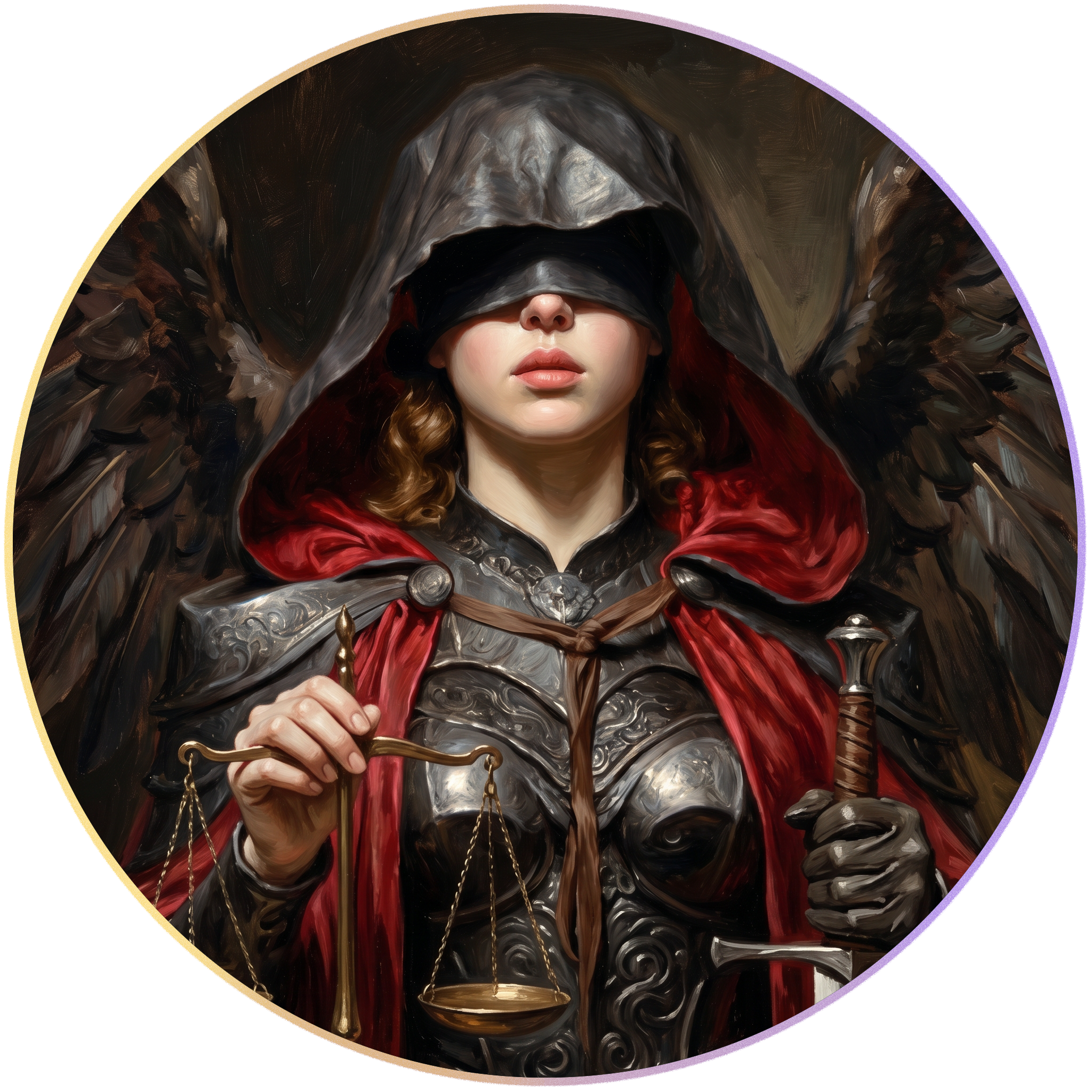 Painting of a woman with a blindfold over her eyes, holding a scale and sword, wearing armor and a red cloak, symbolic of justice.