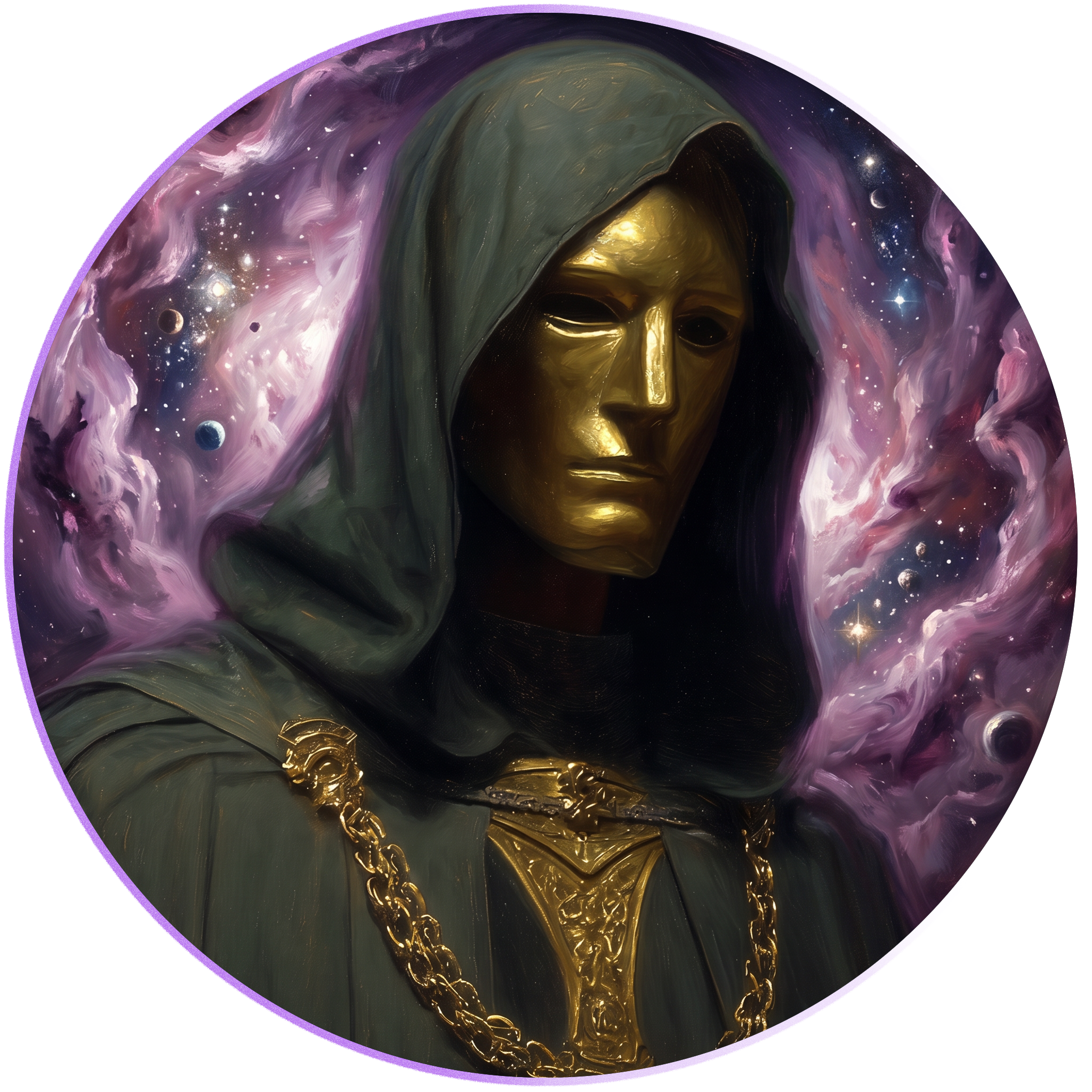 A digital art depiction of a goddess or spiritual figure with a focused facial expression, surrounded by a purple and cosmic nebula with planets and stars, wearing gold jewelry, and with a mystical, otherworldly atmosphere.