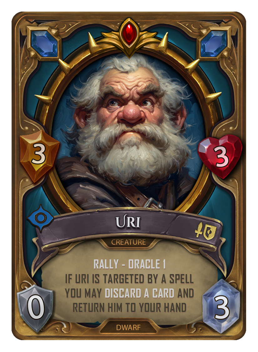 A fantasy-style card featuring a dwarf with a white beard and hair, set in a decorative frame with gemstones and gold accents. The card name is Uri, a creature with rally and oracle 1 ability, with 3 attack, 3 health, and 0 armor, also labeled as dwarf.