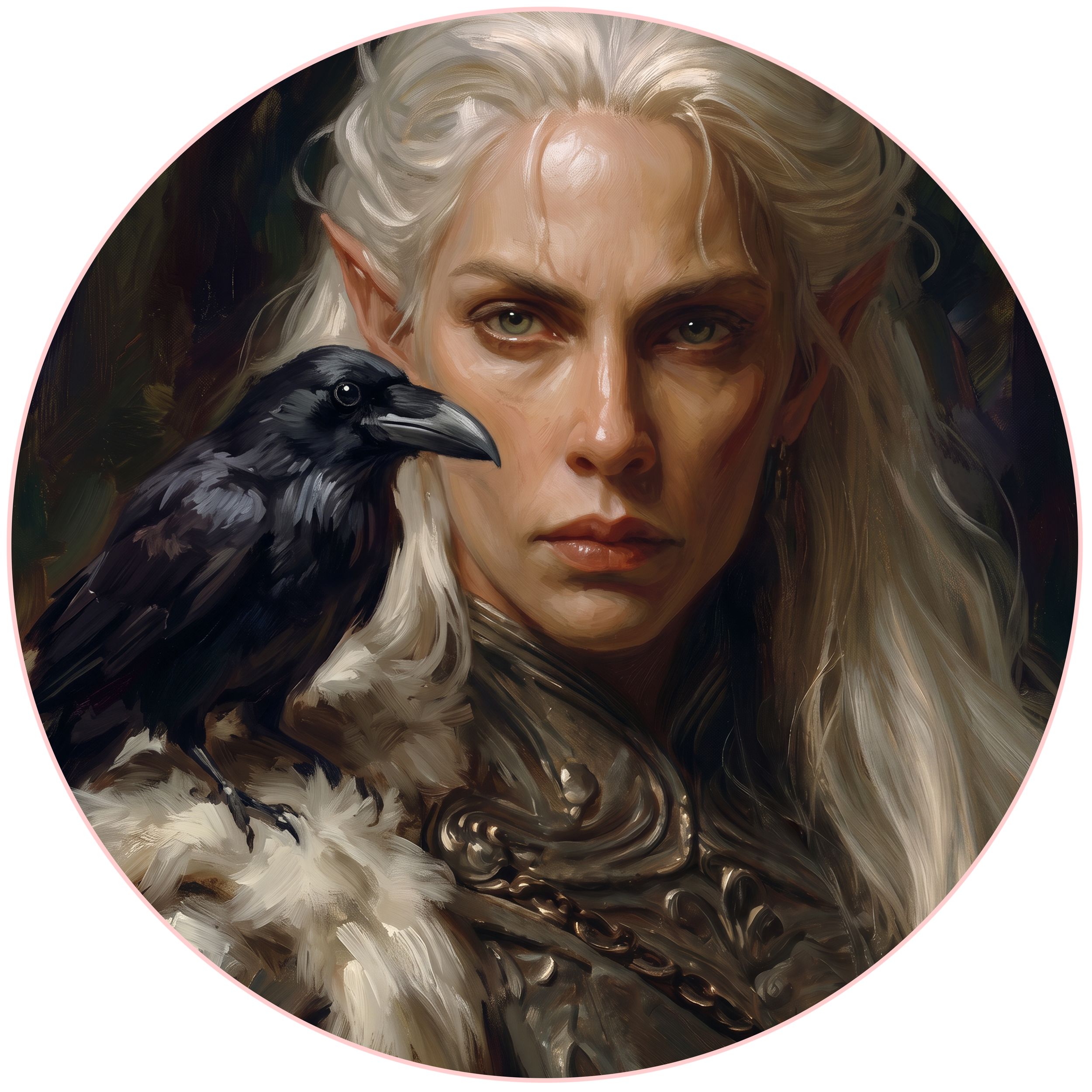 Digital painting of a person with long gray hair, green eyes, and pointed elf-like ears, looking directly at the viewer, with a black and white bird perched on their shoulder, set against a pink circular background.