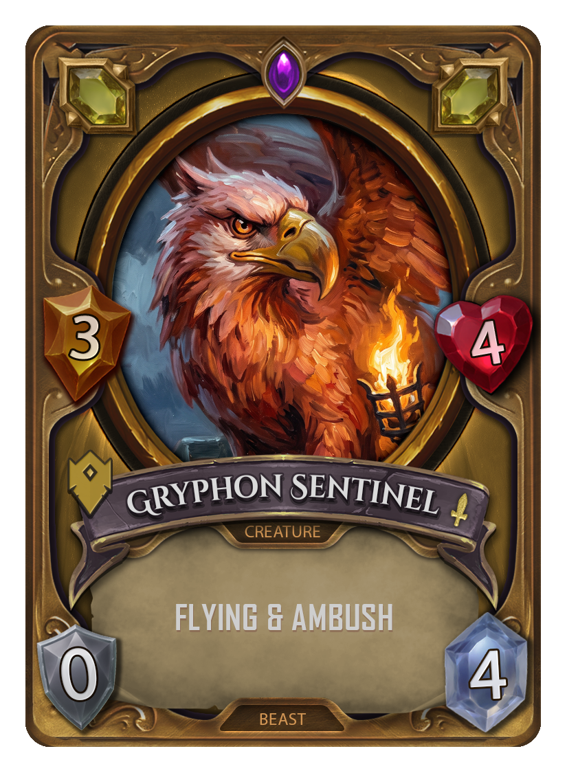 A fantasy-themed collectible card game featuring a Gryphon Sentinel, a bird of prey with a fierce expression, orange and brown feathers, and an eagle's head. The card displays stats for attack, health, and mana cost, and features ornate gold and jewel embellishments.