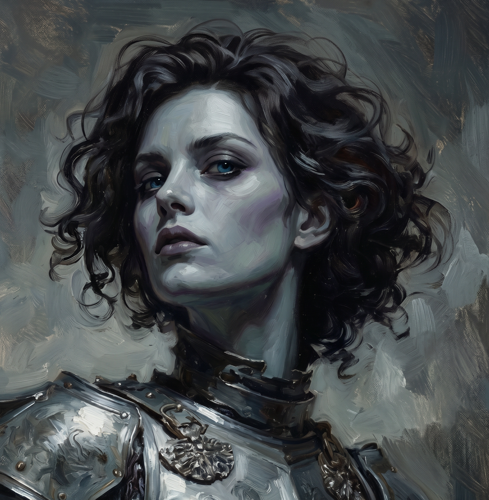A digital painting of a woman with curly dark hair and blue eyes, depicted with a textured, brushstroke style, wearing dark clothing.
