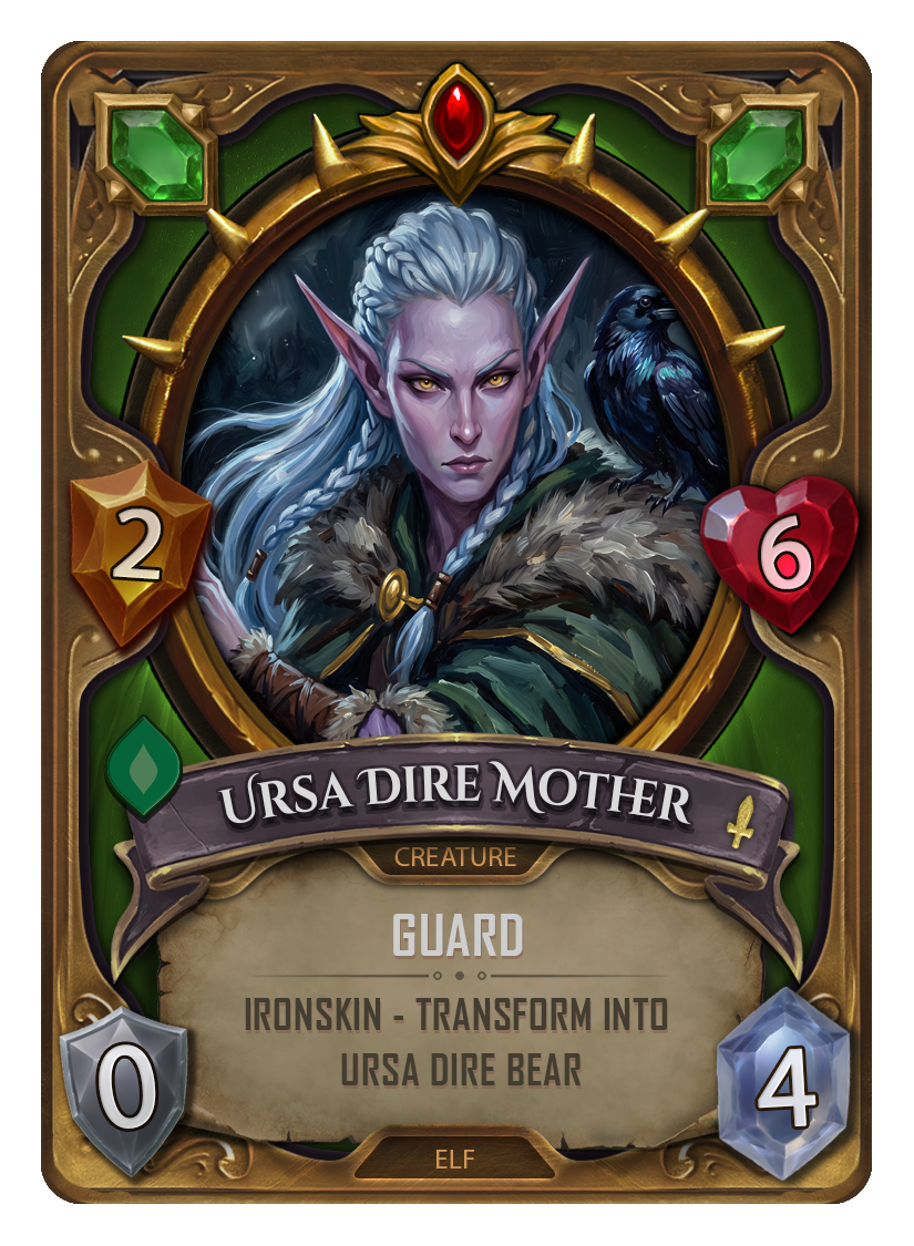 This is a fantasy-themed game card titled 'Ursa Dire Mother'. It features an elf with pale skin, long braided white hair, and pointed ears, looking fierce. A black raven is perched on her shoulder. The card has green, red, silver, and blue gemstones in its decorative border. The card indicates that the character has 2 attack, 6 health, and 0 shield, and it is a guard-type creature that can transform into an Ursa Dire Bear.