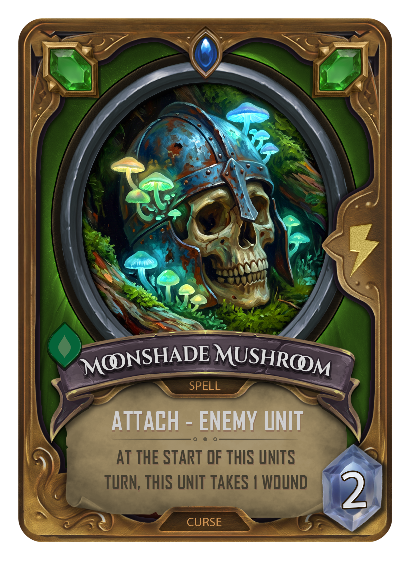 A fantasy-style game card titled "Moonshade Mushroom" featuring a skull wearing a rusted helmet surrounded by glowing mushrooms and lush greenery.