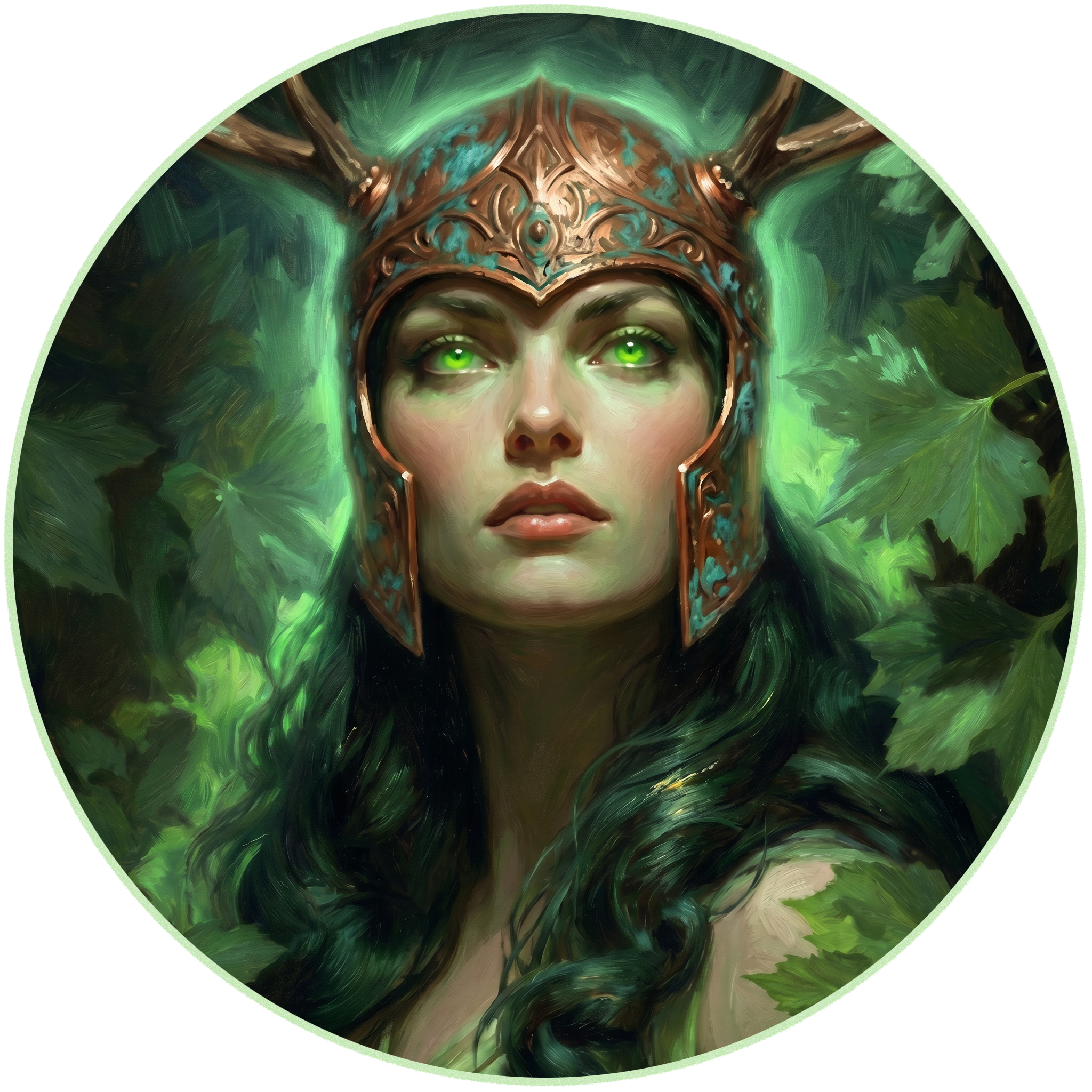 A fantasy digital painting of a female warrior wearing an ornate copper-colored helmet with glowing green eyes, surrounded by lush green foliage.