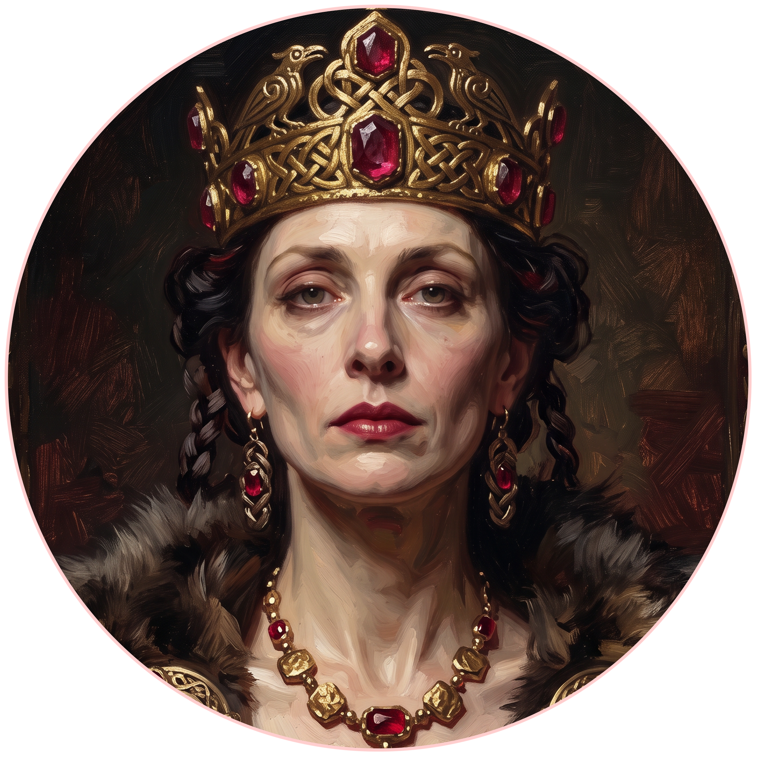 Close-up of a gold crown decorated with red gemstones worn by a person with dark hair and light skin, pink background.
