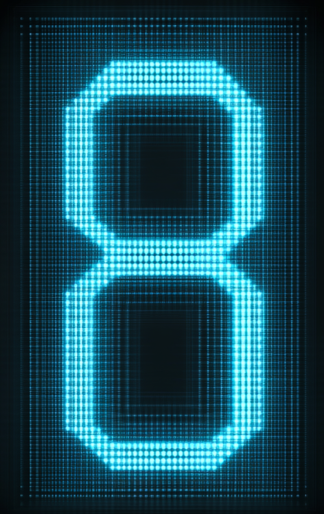 Digital display of a glowing number 8 in a blue pixelated style.