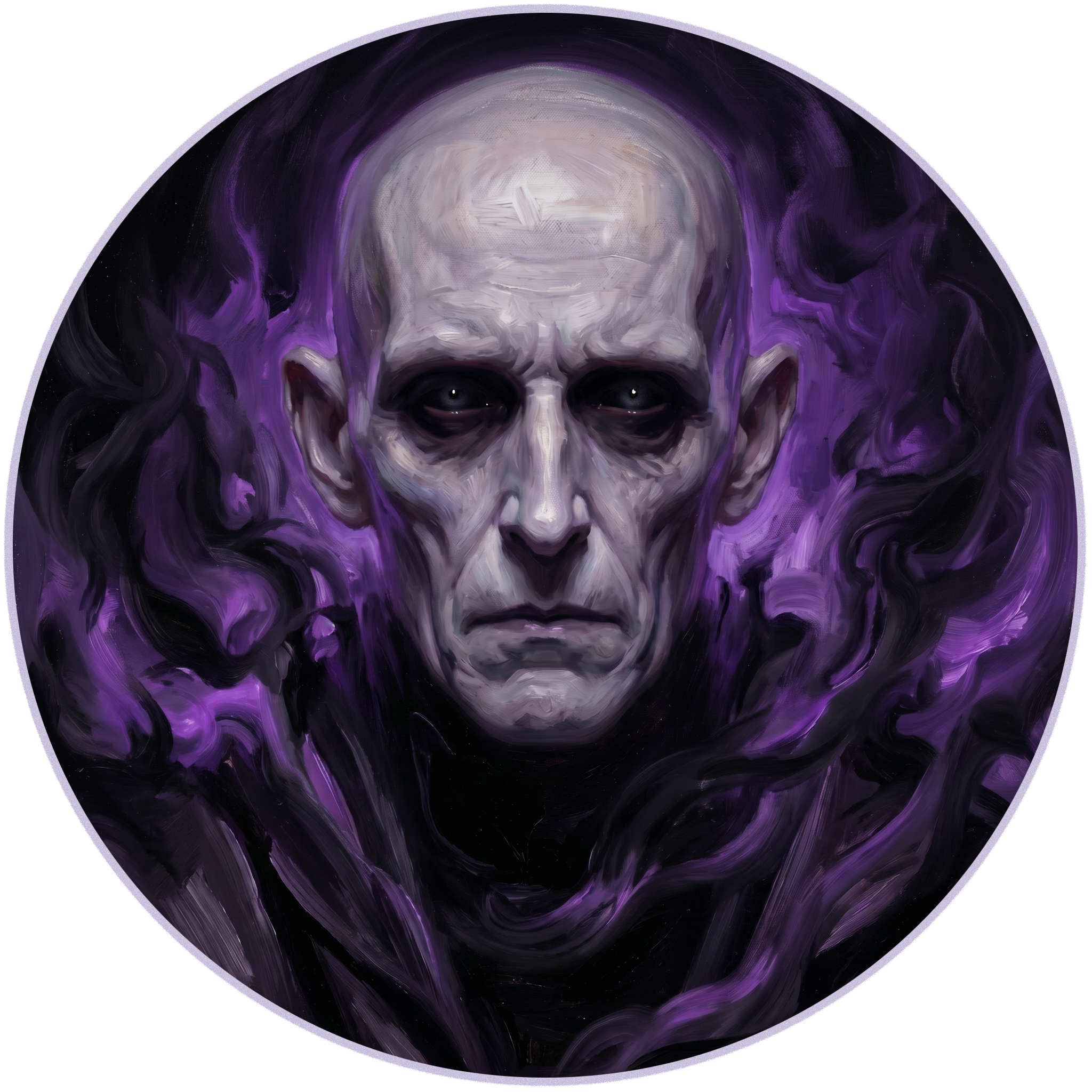 A stylized digital painting of a human skull with purple and black swirling hair, set against a purple background.