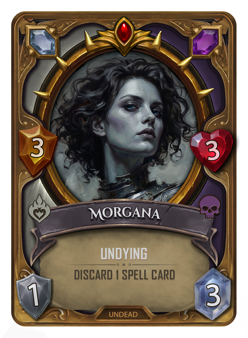 A fantasy-themed collectible card featuring Morgana, depicted with dark, curly hair and a pale face. The card is labeled "UNDYING" with a special ability to discard one spell card. It has 3 attack, 3 health, and costs 3 mana. The card frame includes gemstones in blue, purple, and red, and features a skull icon, indicating an undead or dark magic theme.