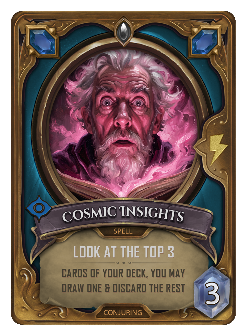 A fantasy trading card titled "Cosmic Insights" featuring a wizard with white hair and beard looking surprised, surrounded by mystical pink smoke, with a fantasy-themed border and blue gems in the corners.