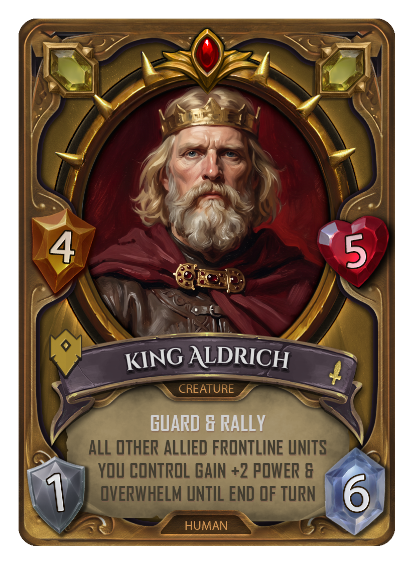 A fantasy-themed card titled "King Aldrich" featuring a stern older man with long, gray hair and a beard, wearing a gold crown and a red cloak. The card has stats of 4 shield, 5 heart, 1 sword, and 6 blue gem, with the subtitle "Guard & Rally" and a description about controlling allied units and gaining power.