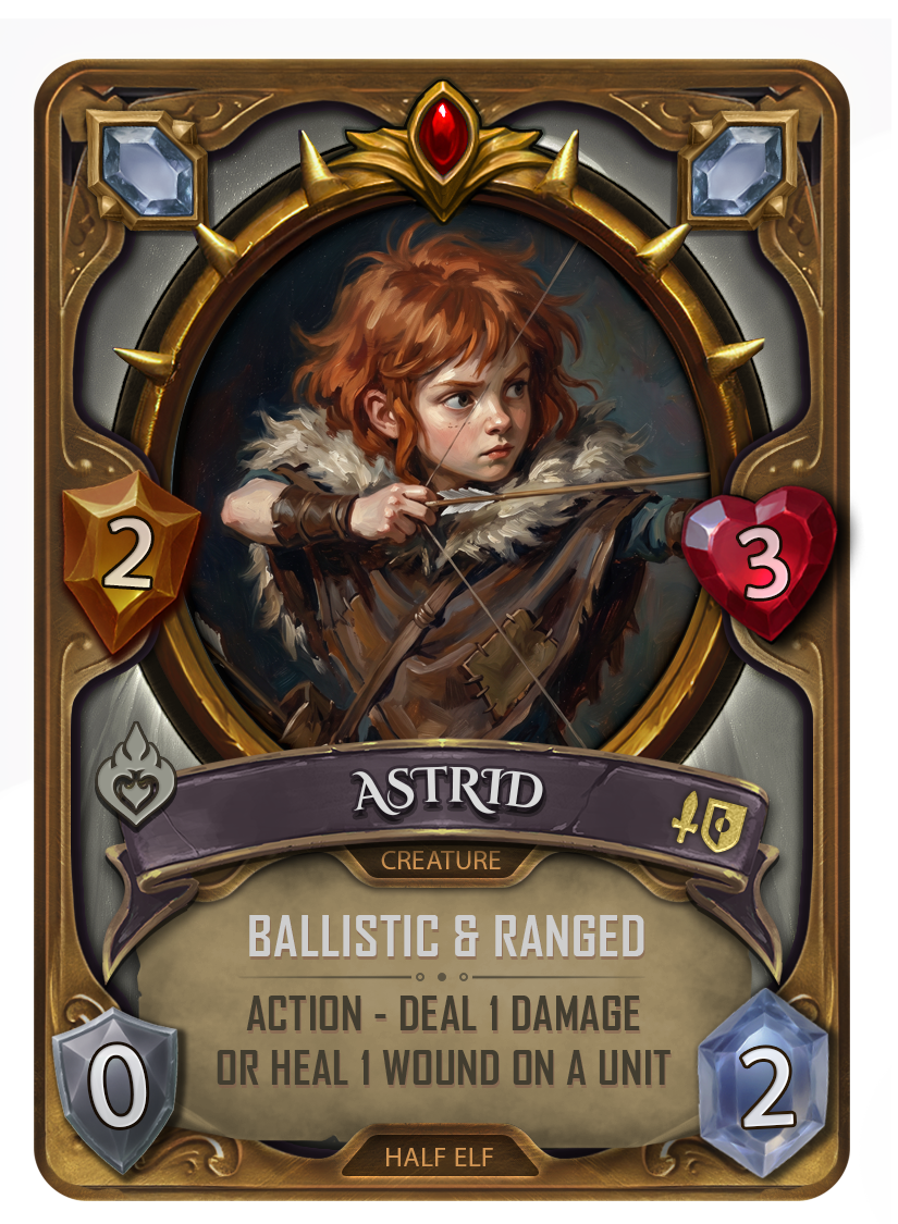 A fantasy card illustration of a young girl with red hair, wearing a fur-lined cloak, aiming a bow. The card is labeled "Astrid," a half elf character with a focus on ballistic and ranged combat, featuring stats like 2 for attack, 3 for health, 0 for defense, and 2 for mana cost, along with special abilities.