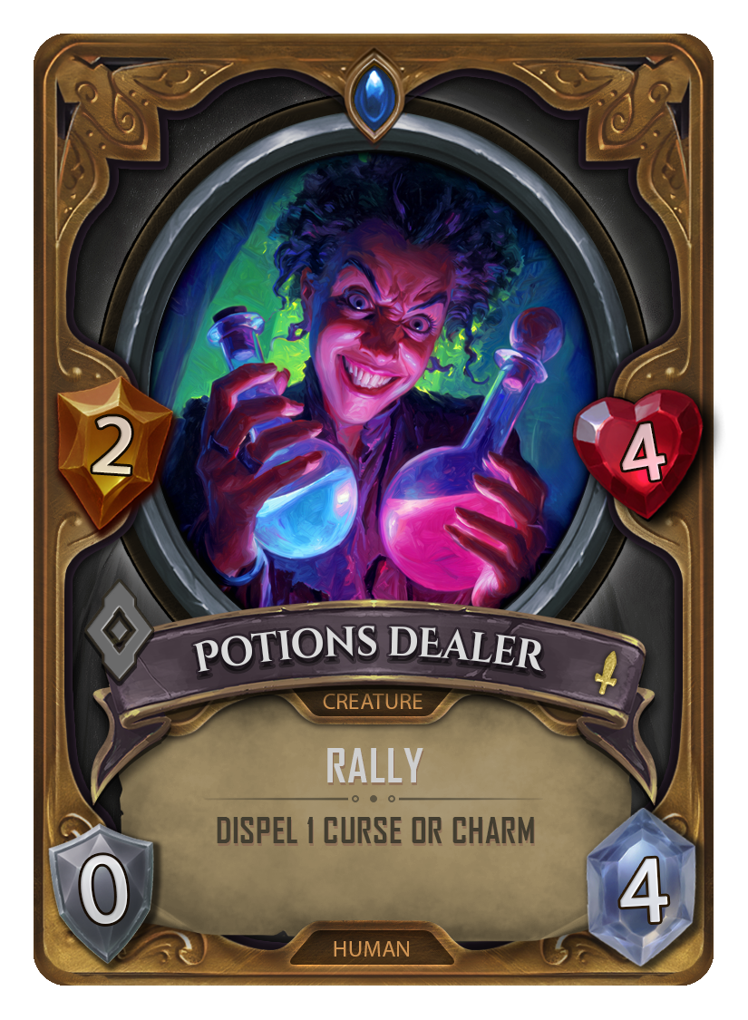 A fantasy game card titled "Potions Dealer" depicting a mischievous human character with wild, curly hair holding two glowing potion bottles, one blue and one pink, with an ominous green background.