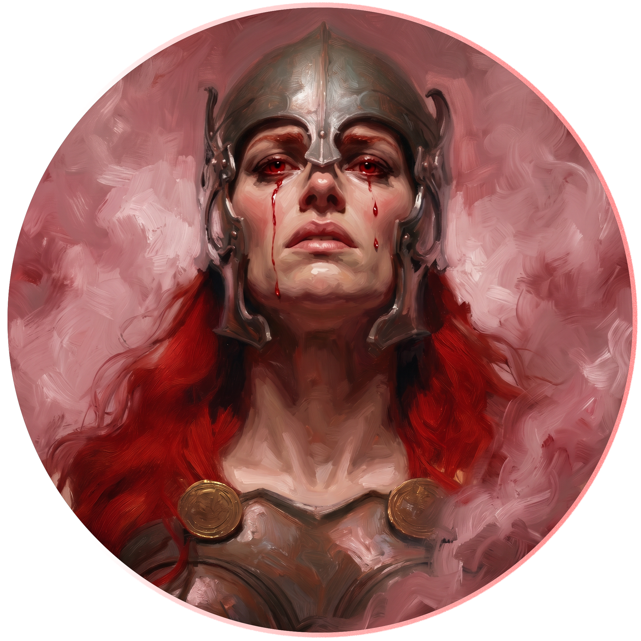 A digital painting of a woman with metallic armor or helmet, blood tears streaming down her face, and gold coins at her neck, with a red and pink background.