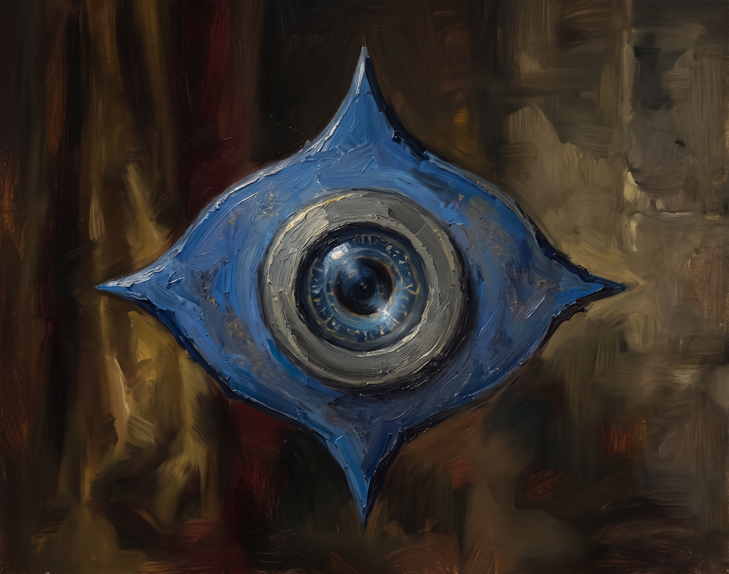 An abstract painting featuring a blue eye with a black pupil, surrounded by dark, swirling colors of brown, black, and hints of gold.