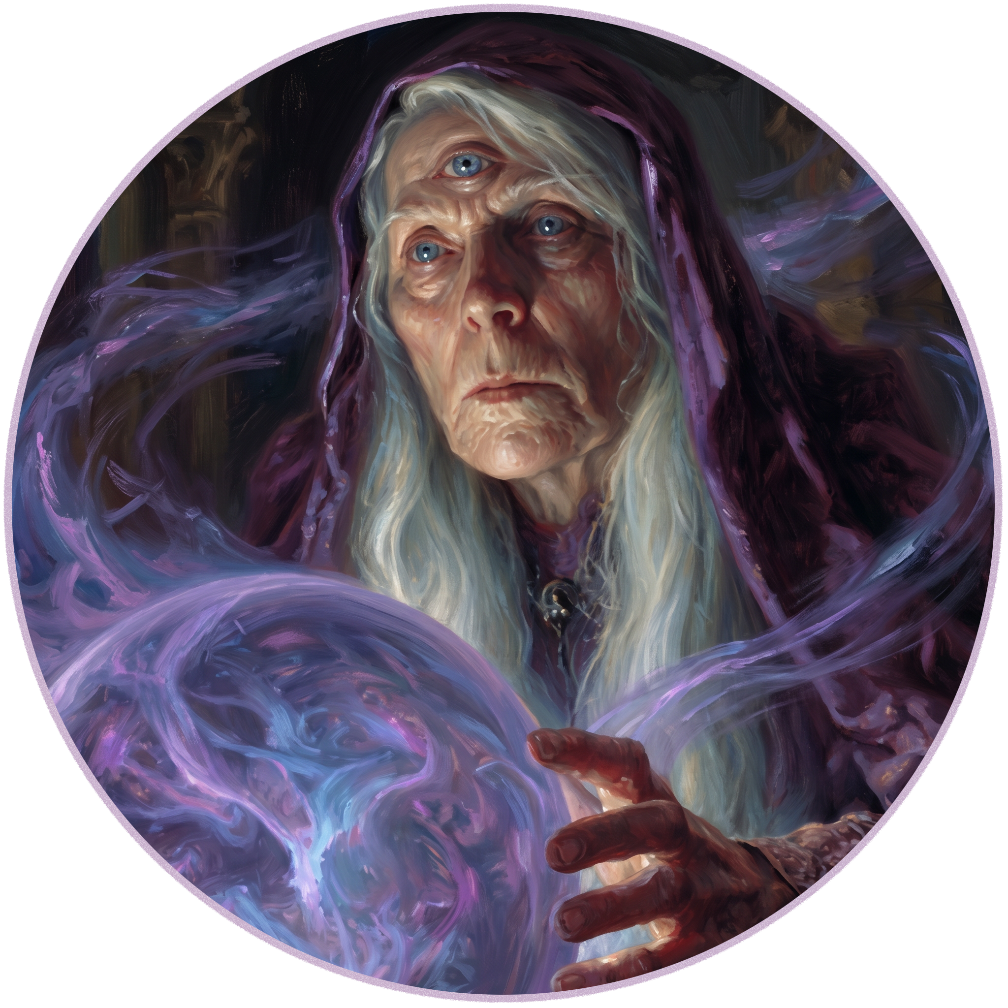A person with long white hair and blue eyes appears to be breathing out colorful smoke or mist, depicted with a digital painting style, with a purple wood background around the circular frame.