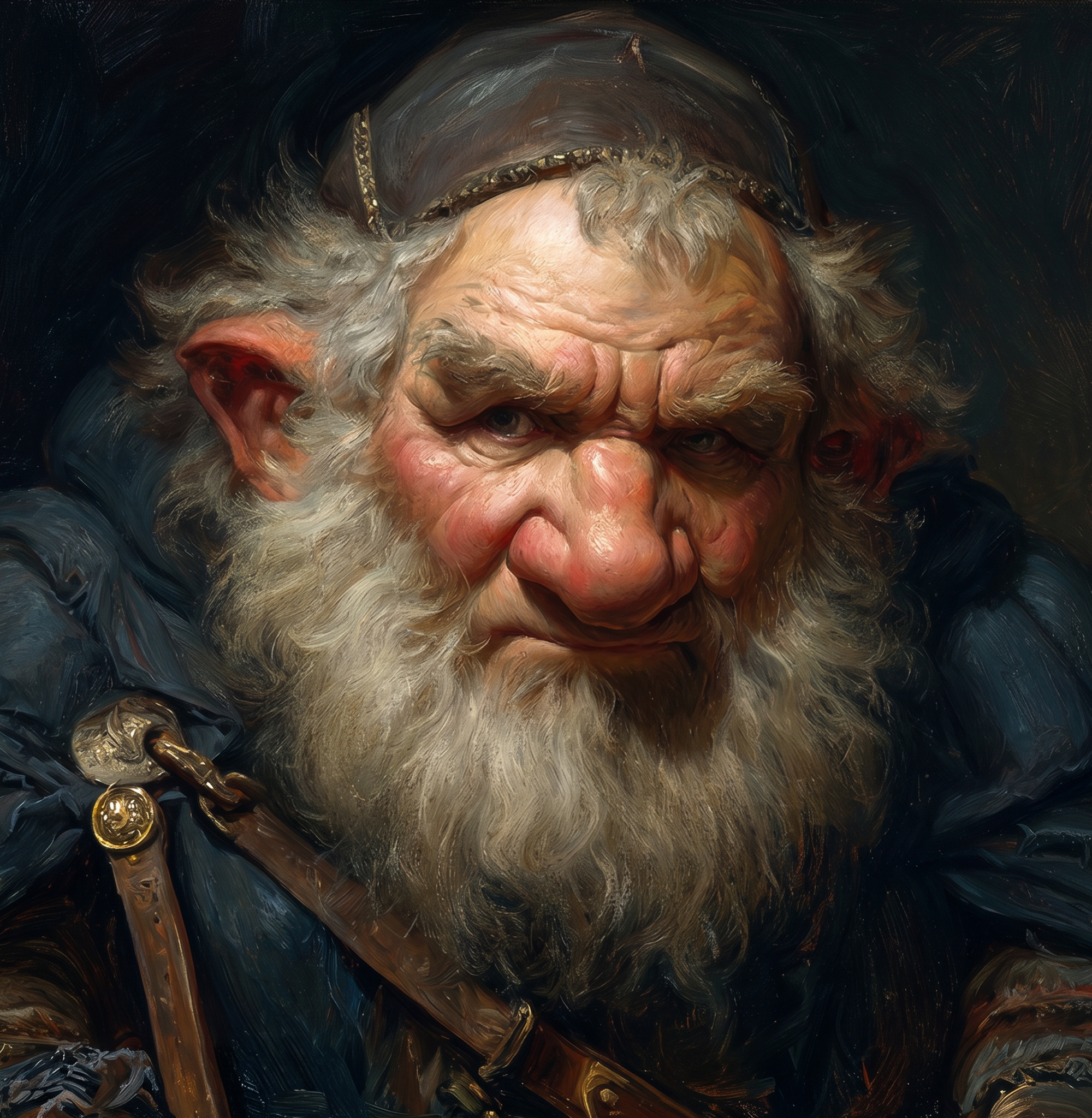 A painting depicting Santa Claus with a white beard, red cheeks, and a mischievous smile, wearing a dark hat with gold accents and holding a gold chain.