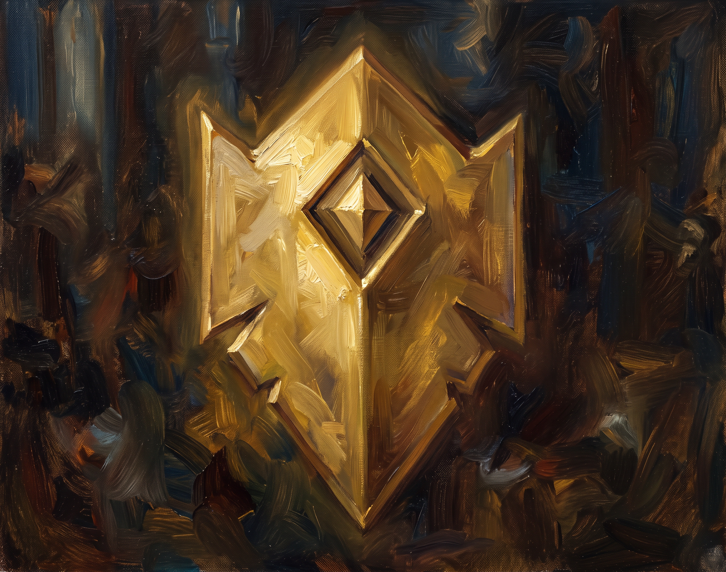 Abstract painting with dark colors and gold geometric design in the center.