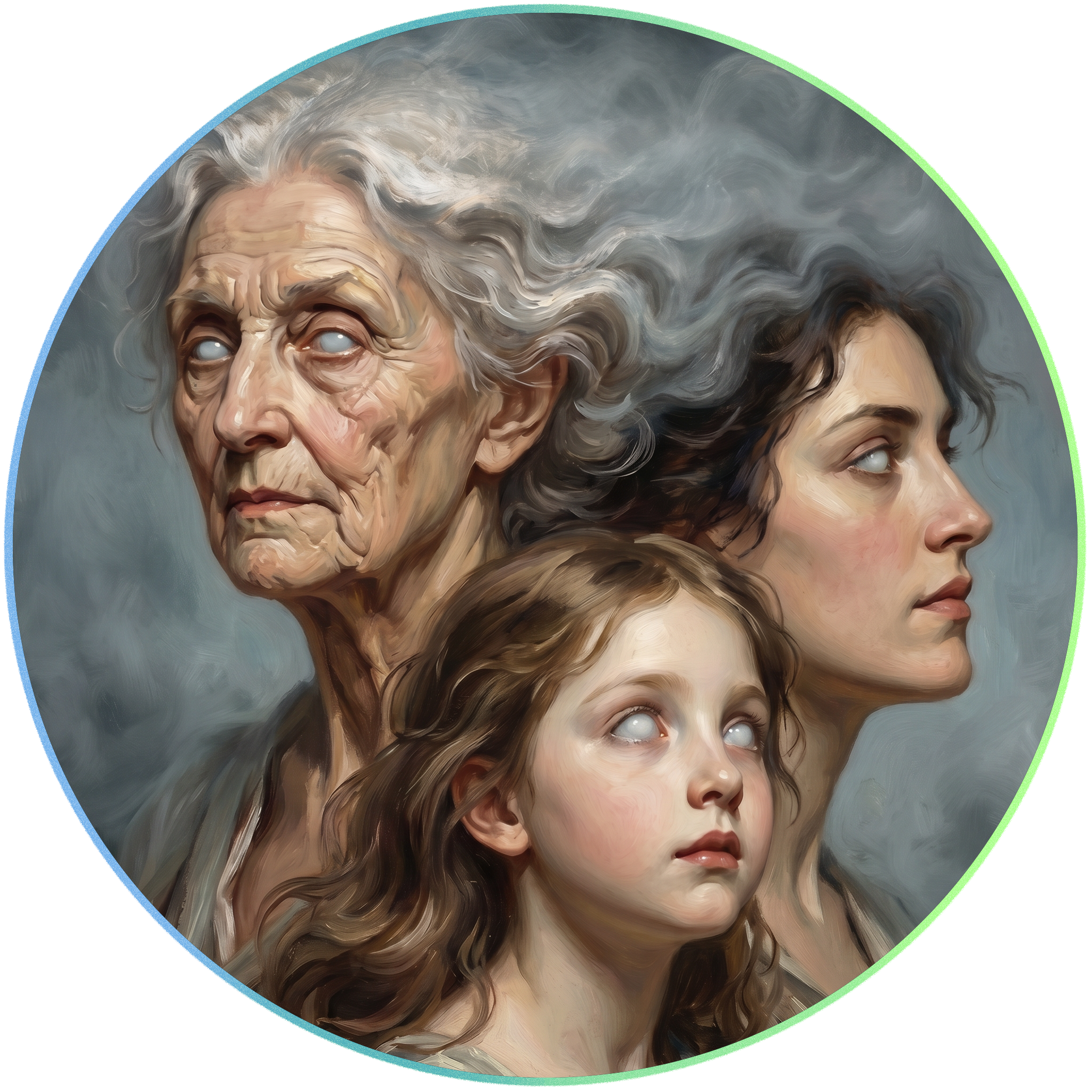 Close-up of three painted faces with surreal and abstract features, arranged in a circular pattern, with colorful edges.