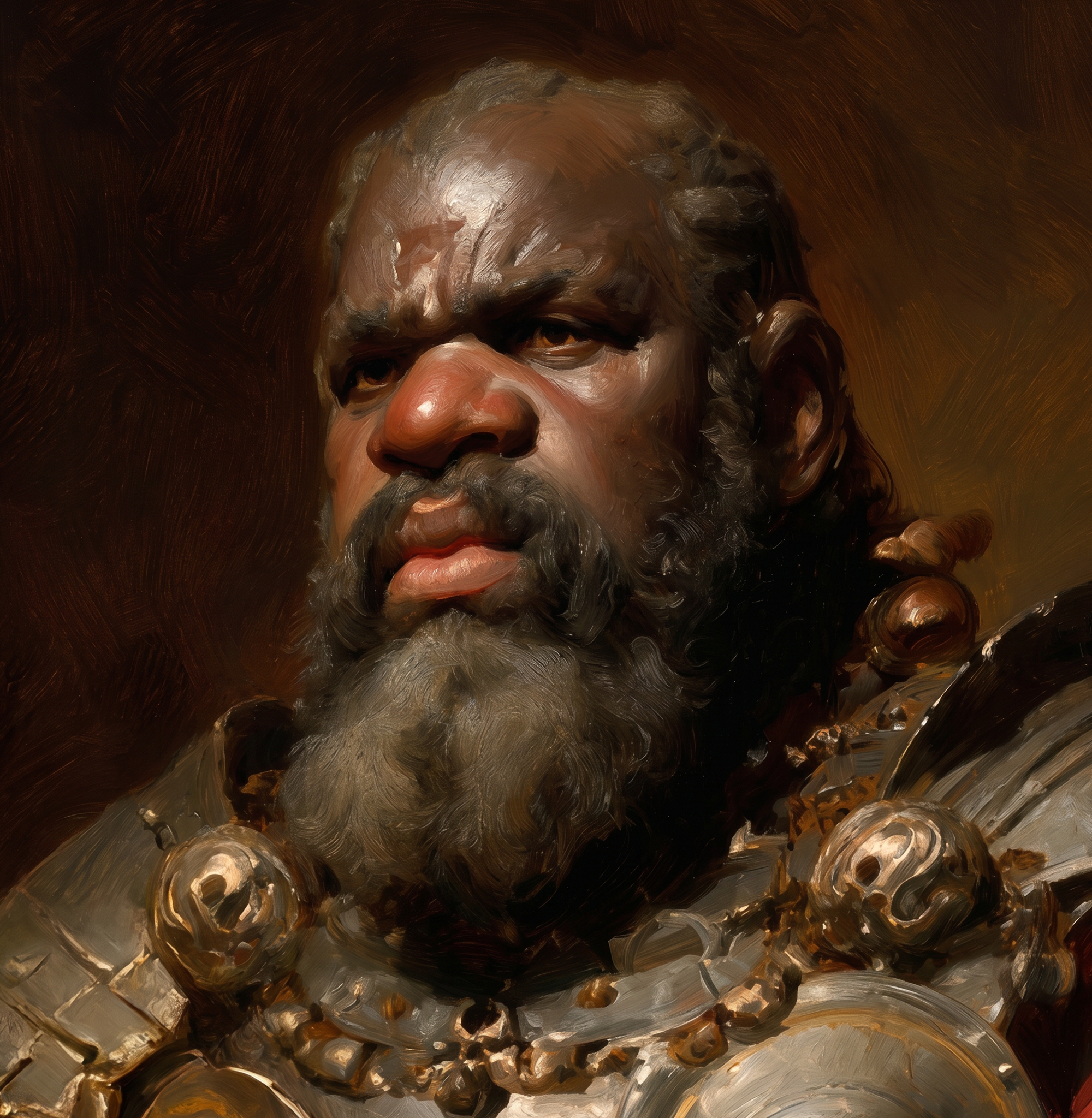 A partial digital painting or artistic rendering of an African American man with a full beard and curly hair, holding a cigar in his mouth, set against a dark and warm-toned abstract background.