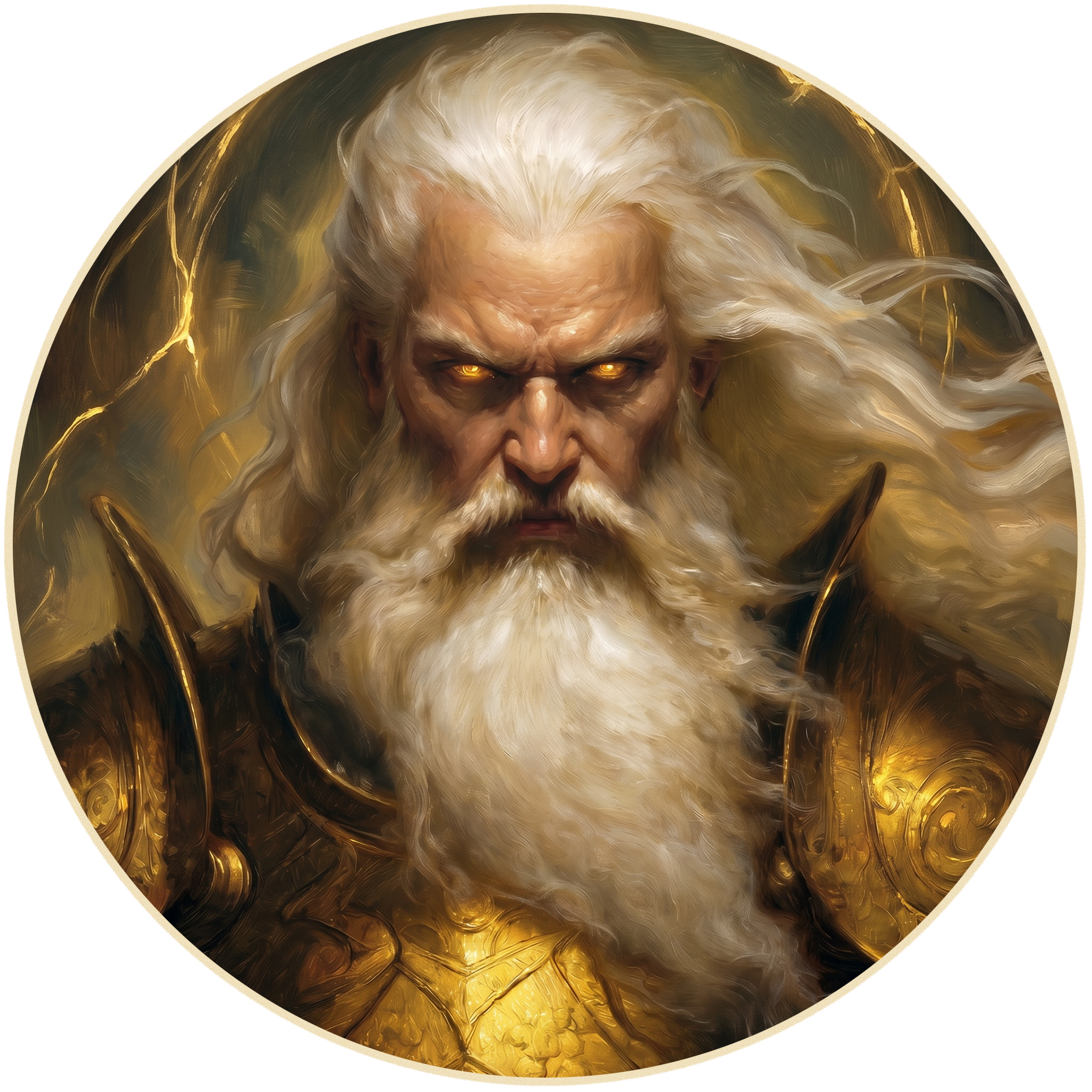 A digital painting of a mystical figure with glowing yellow eyes, long flowing white hair, and a stern expression, surrounded by a golden halo with lightning-like details.
