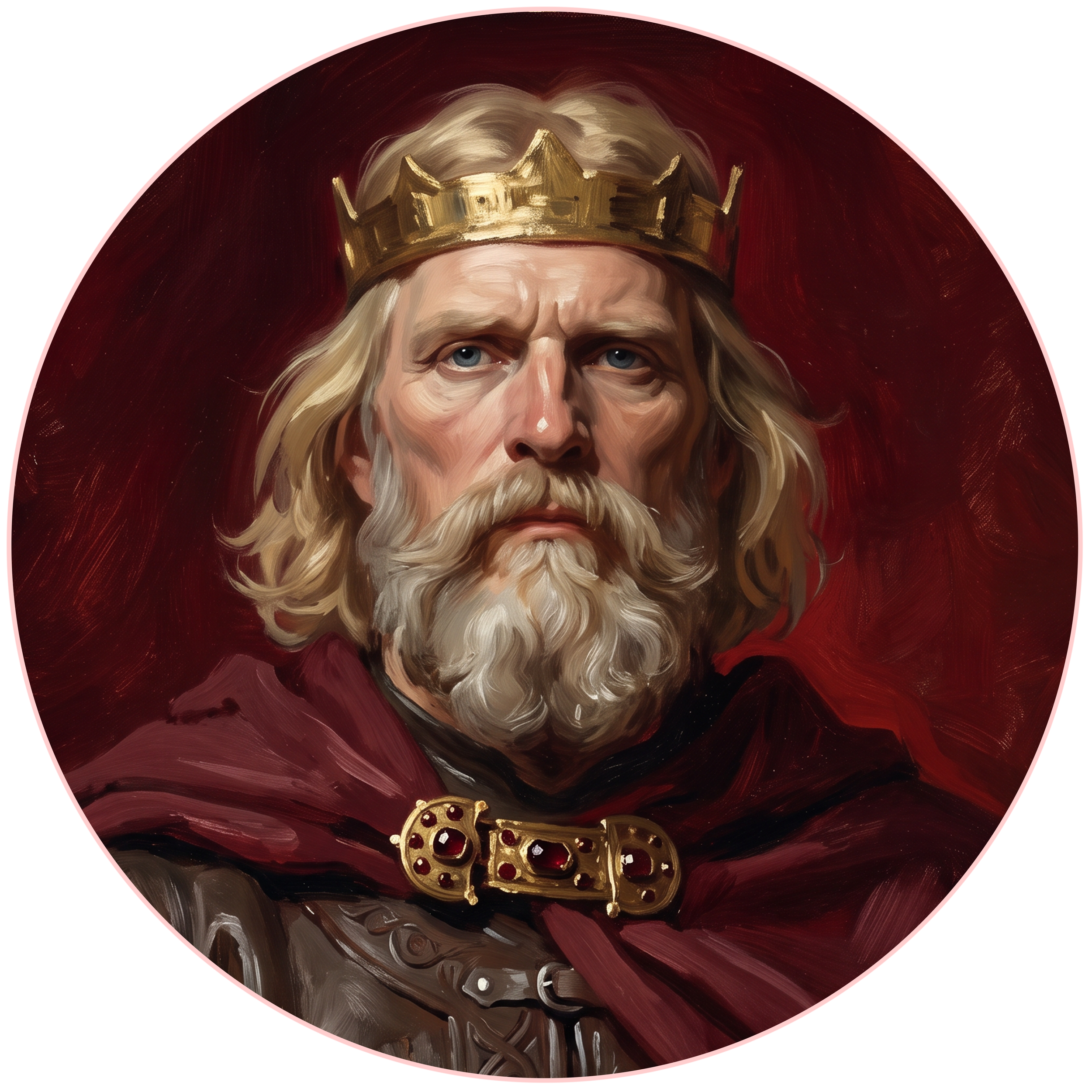 Digital painting of a regal king with a golden crown, long flowing hair, and a white beard, wearing a deep red cloak with decorative golden brooches.