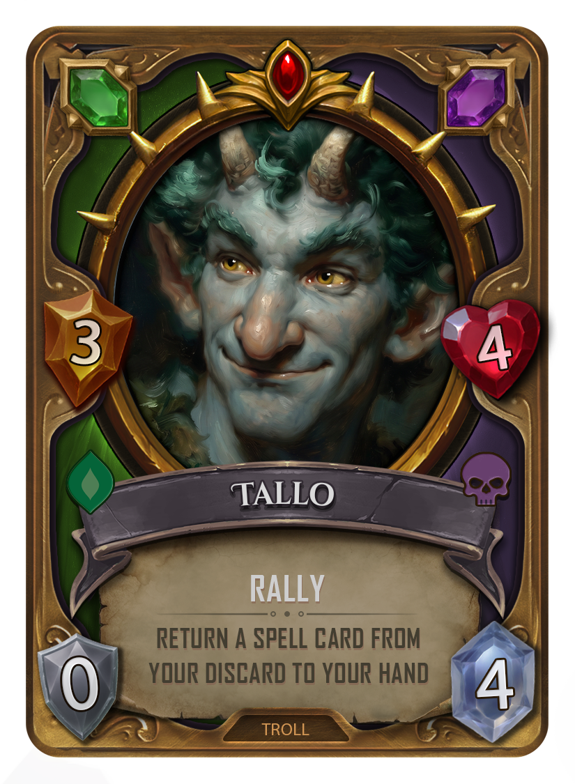 A fantasy trading card portraying a troll with blue skin, yellow eyes, pointed ears, and horns. The card has a gold and green border with three gemstones at the top—red, green, and purple—and features stats of 3 attack, 4 health, and a special ability called 'Tallo' that allows a player to return a spell card from the discard pile to their hand. The card's theme is mystical and fantasy-based.
