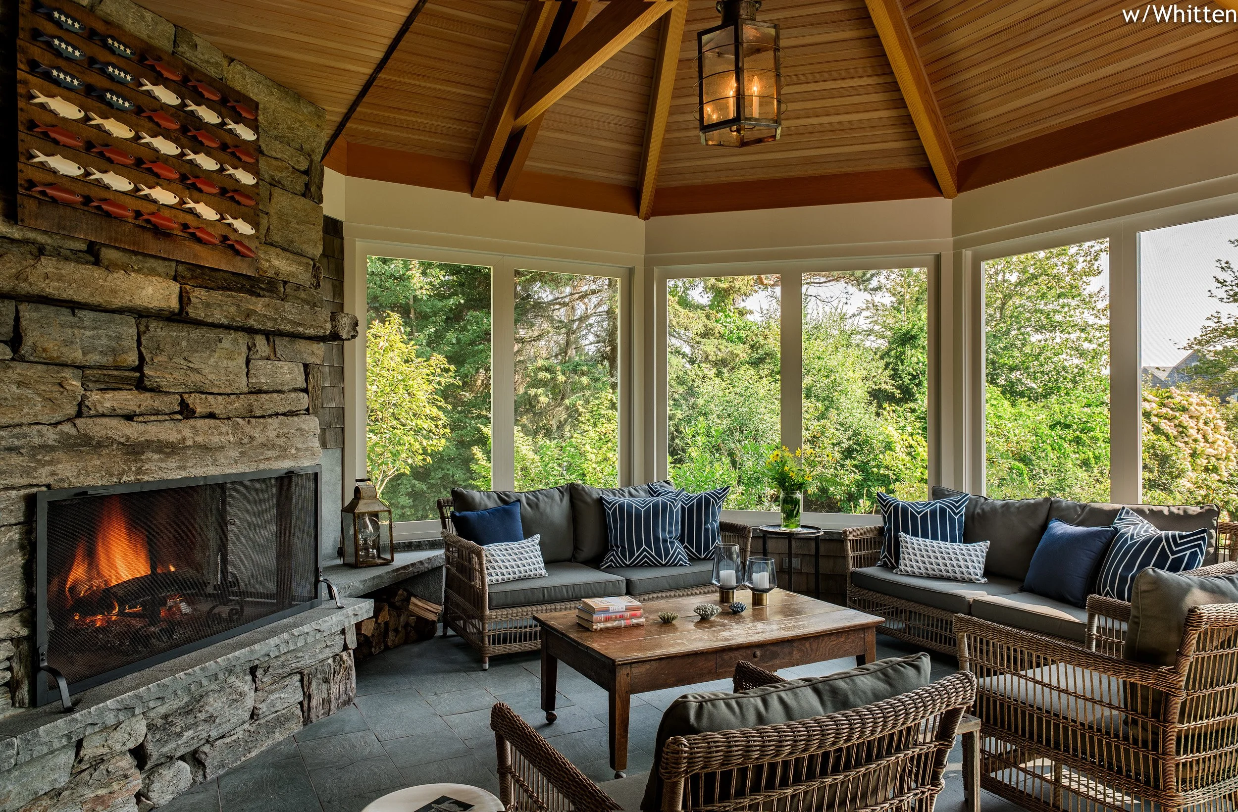BEASLEY ARCHITECTURE AND DESIGN - JAMES BEASLEY ARCHITECT - shingle style - coastal architecture- screen porch - HUMAN ARCHITECTURE - fireplace - MAINE - NEW ENGLAND - CUSTOM archititecture - traditional - sleeping porch - open corner fireplace