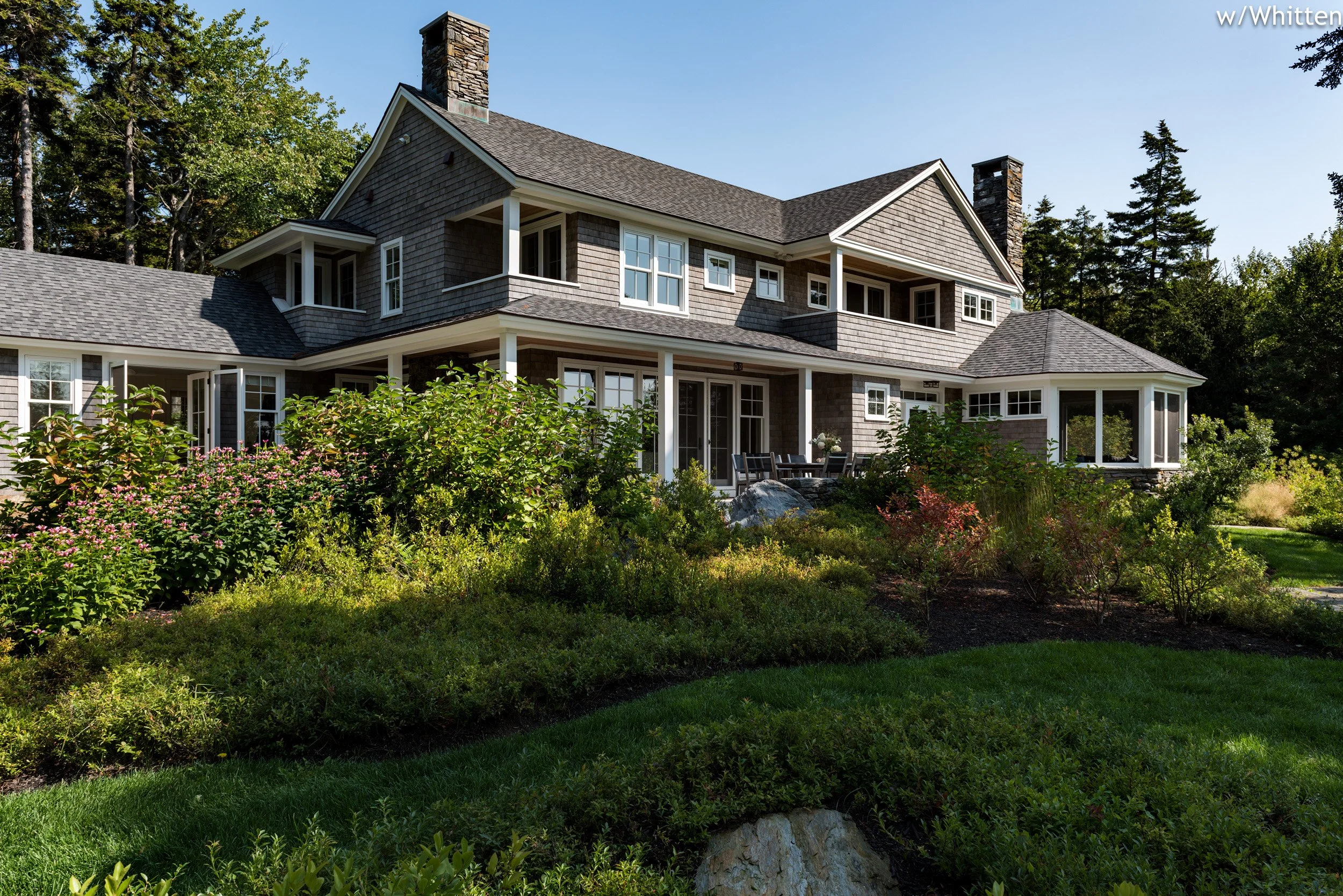 BEASLEY ARCHITECTURE AND DESIGN - JAMES BEASLEY ARCHITECT - shingle style - coastal architecture- screen porch - HUMAN ARCHITECTURE - fireplace - MAINE - NEW ENGLAND - CUSTOM archititecture - traditional - sleeping porch - open corner fireplace