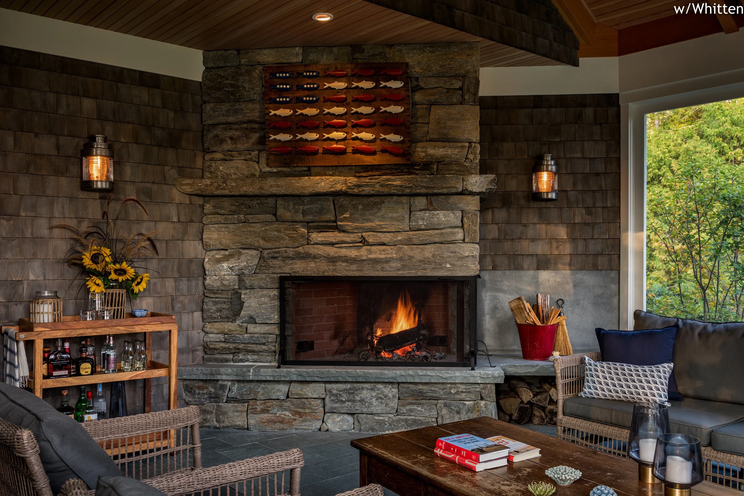 BEASLEY ARCHITECTURE AND DESIGN - JAMES BEASLEY ARCHITECT - shingle style - coastal architecture- screen porch - HUMAN ARCHITECTURE - fireplace - MAINE - NEW ENGLAND - CUSTOM archititecture - traditional - sleeping porch - open corner fireplace