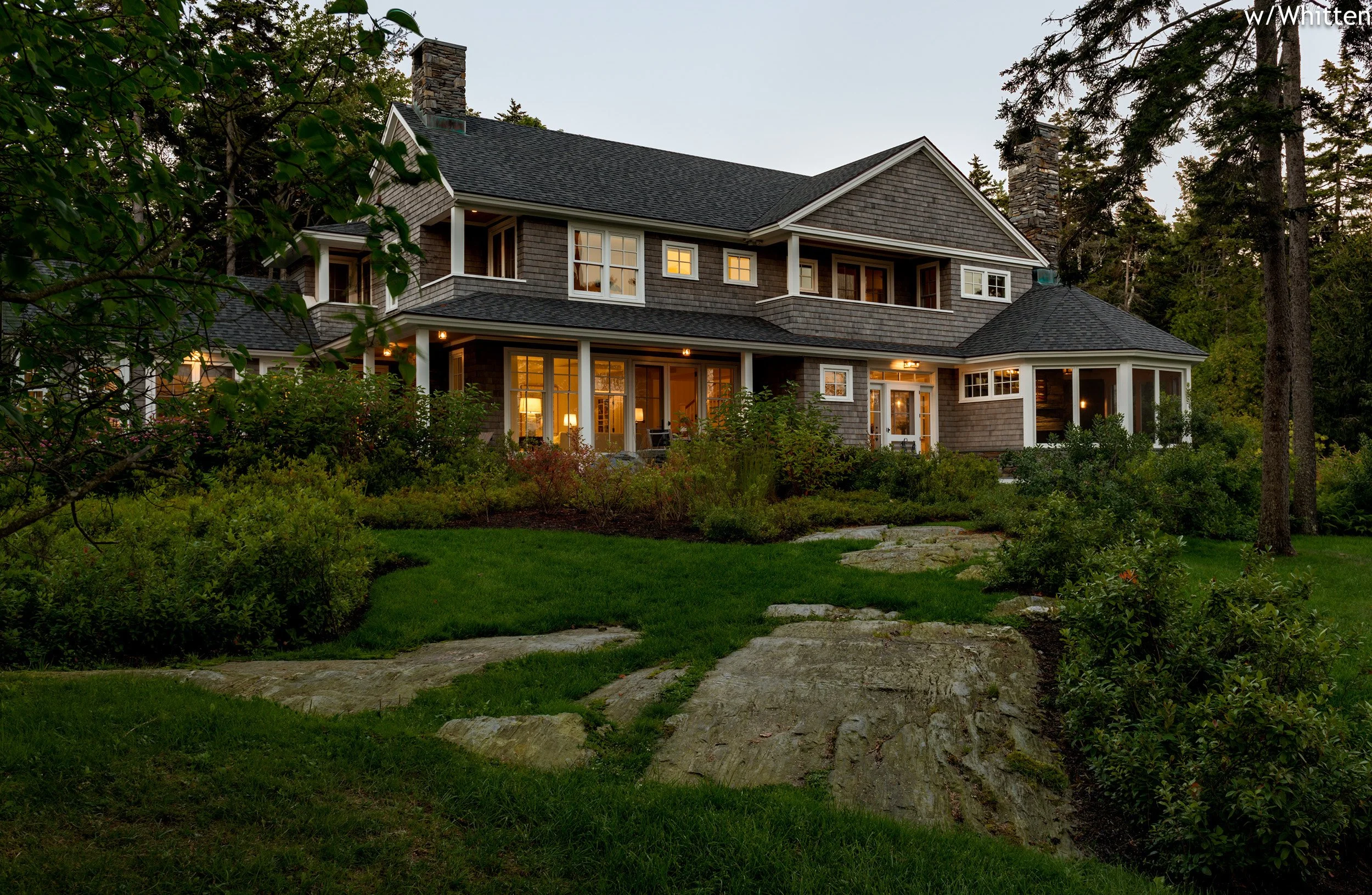 BEASLEY ARCHITECTURE AND DESIGN - JAMES BEASLEY ARCHITECT - shingle style - coastal architecture- screen porch - HUMAN ARCHITECTURE - fireplace - MAINE - NEW ENGLAND - CUSTOM archititecture - traditional - sleeping porch - open corner fireplace