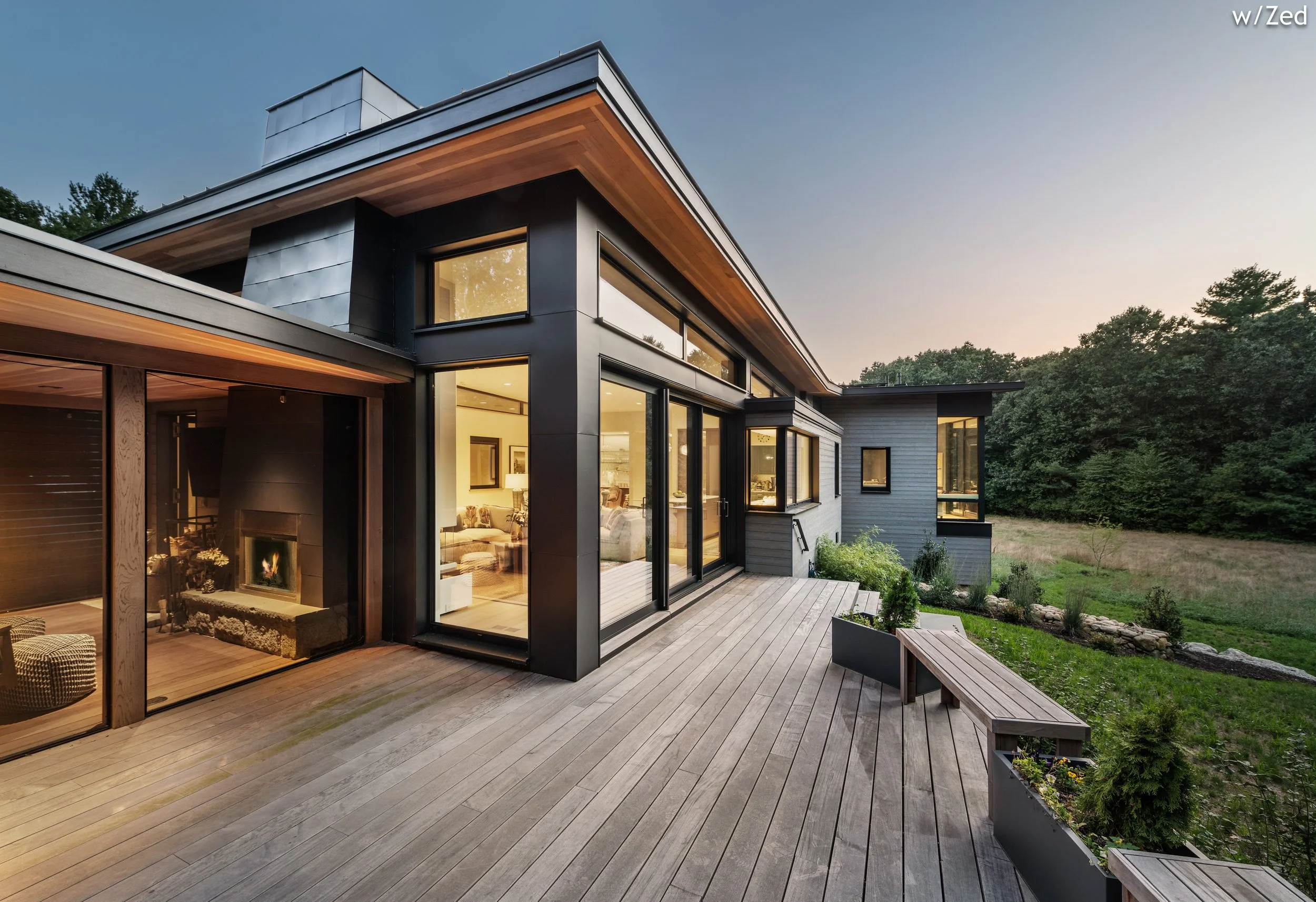 BEASLEY ARCHITECTURE AND DESIGN - JAMES BEASLEY ARCHITECT - BaaD -midcentury modern - pastural architecture - screen porch - HUMAN ARCHITECTURE - fireplace - MAINE - NEW ENGLAND - CUSTOM architecture - modern -  zero energy design - New England Conte
