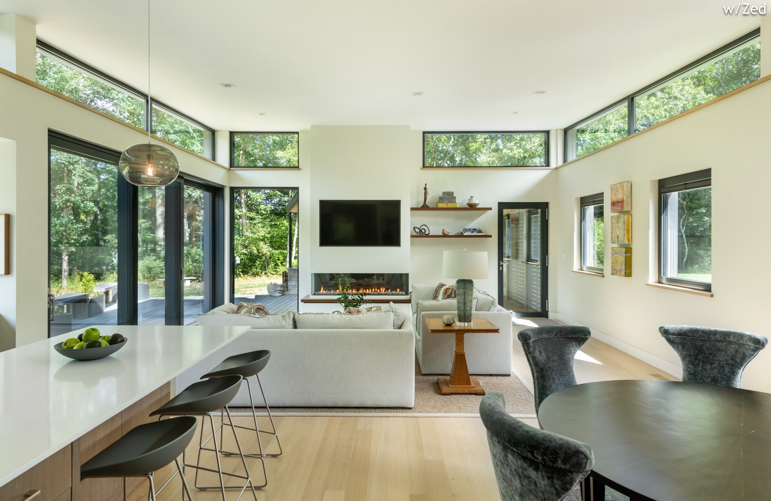 BEASLEY ARCHITECTURE AND DESIGN - JAMES BEASLEY ARCHITECT - BaaD -midcentury modern - pastural architecture - screen porch - HUMAN ARCHITECTURE - fireplace - MAINE - NEW ENGLAND - CUSTOM architecture - modern -  zero energy design - New England Conte