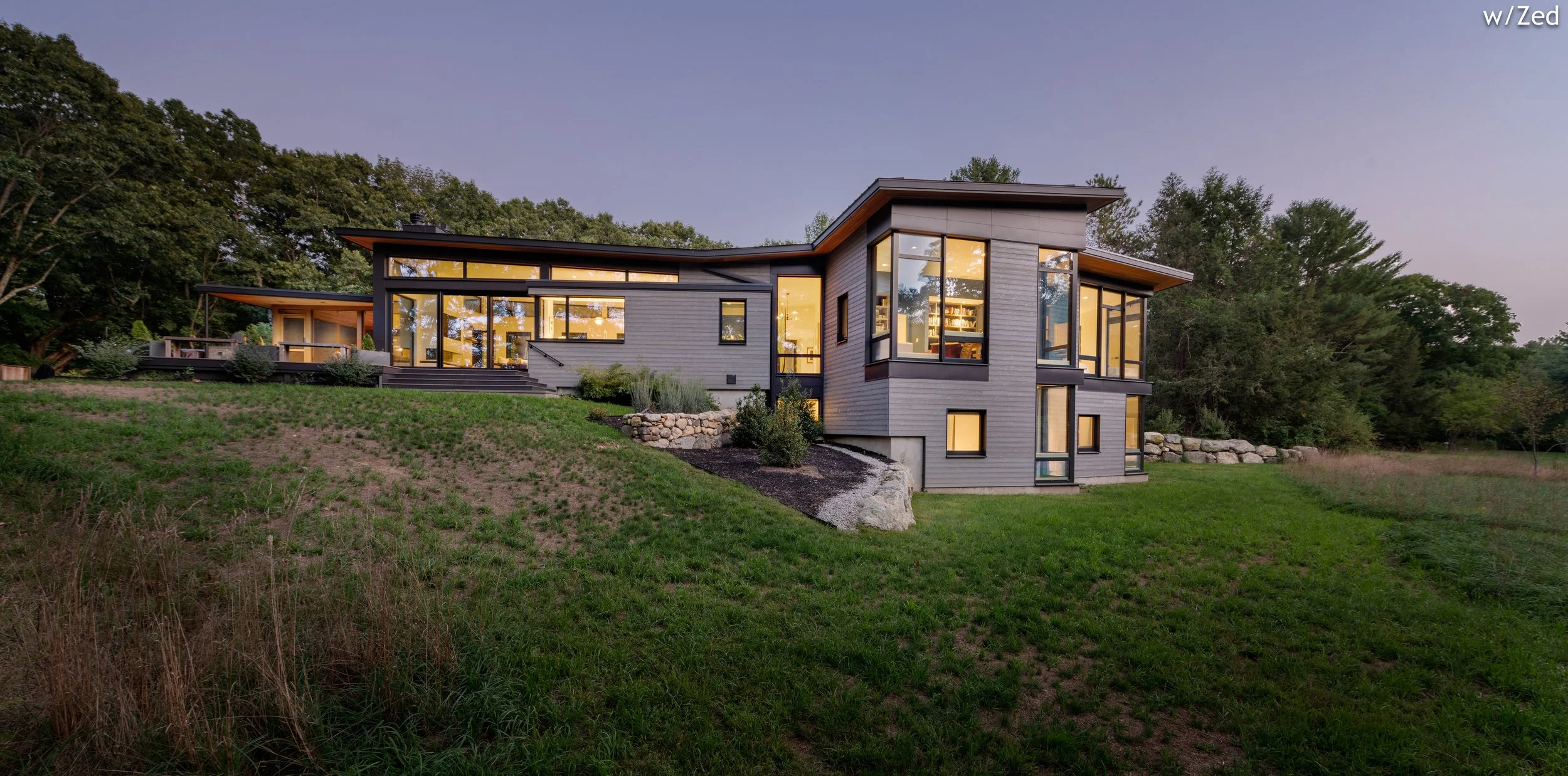 BEASLEY ARCHITECTURE AND DESIGN - JAMES BEASLEY ARCHITECT - BaaD -midcentury modern - pastural architecture - screen porch - HUMAN ARCHITECTURE - fireplace - MAINE - NEW ENGLAND - CUSTOM architecture - modern -  zero energy design - New England Conte