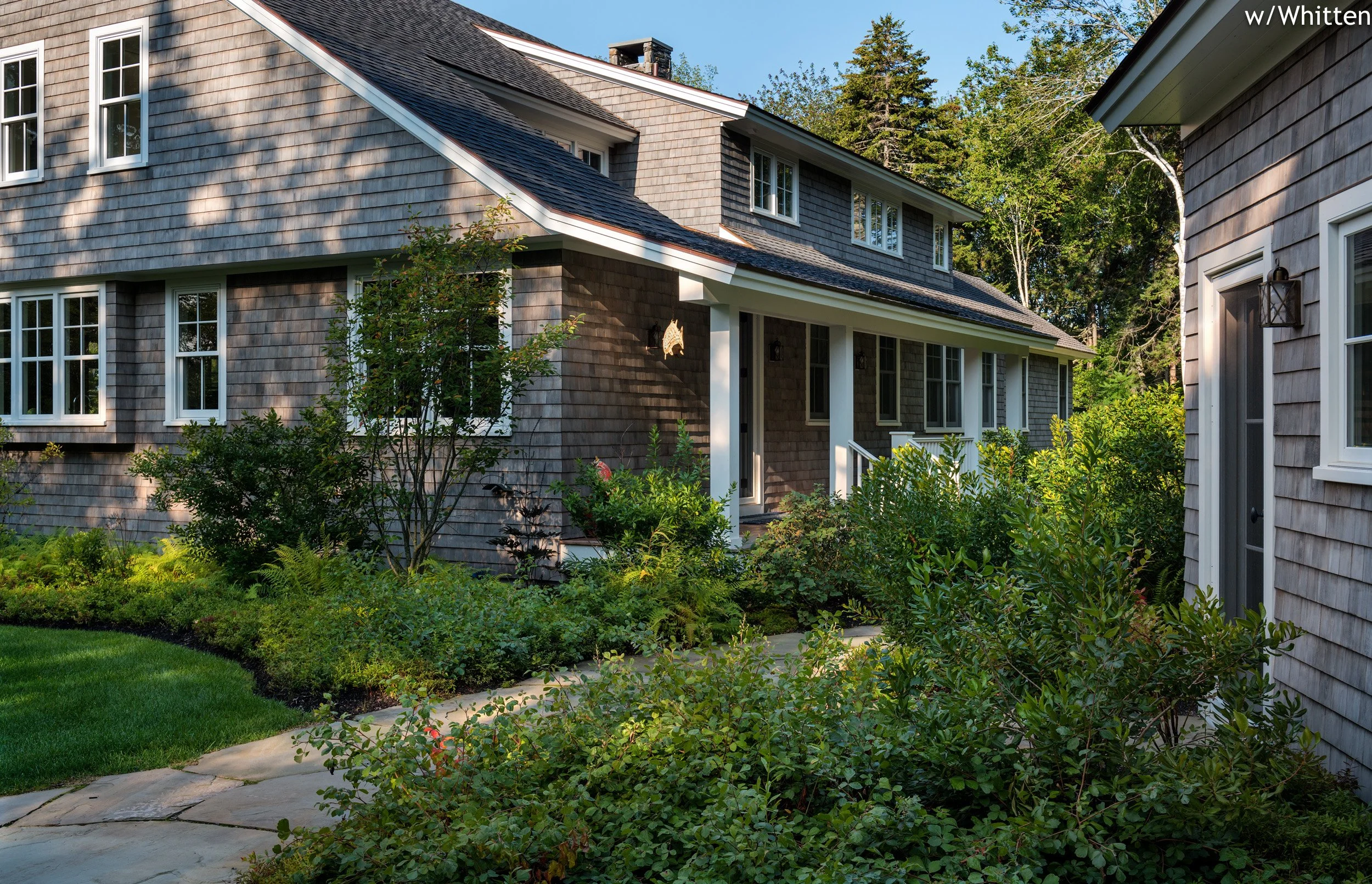 BEASLEY ARCHITECTURE AND DESIGN - JAMES BEASLEY ARCHITECT - shingle style - coastal architecture- screen porch - HUMAN ARCHITECTURE - fireplace - MAINE - NEW ENGLAND - CUSTOM archititecture - traditional - sleeping porch - open corner fireplace
