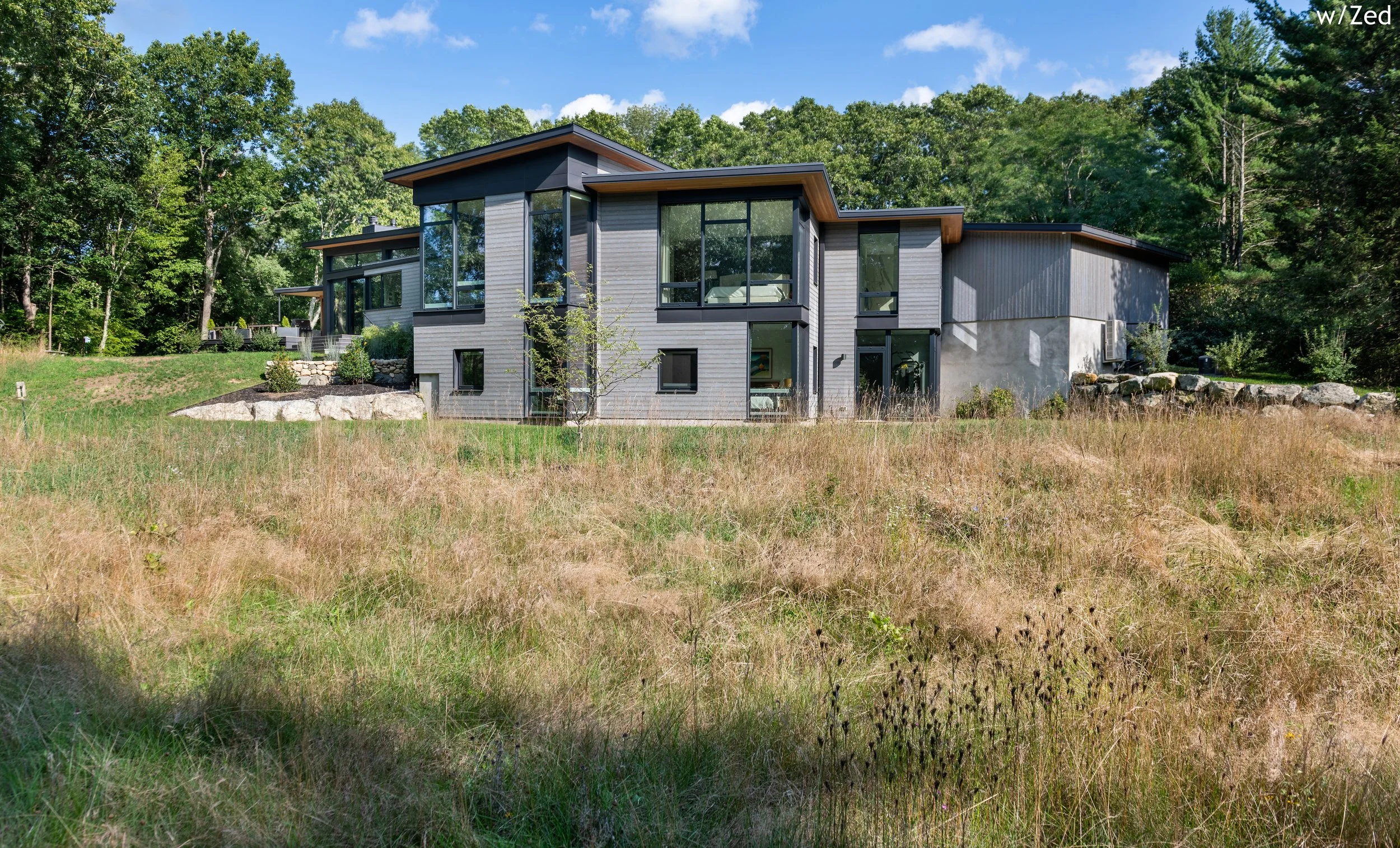 BBEASLEY ARCHITECTURE AND DESIGN - JAMES BEASLEY ARCHITECT - BaaD -midcentury modern - pastural architecture - screen porch - HUMAN ARCHITECTURE - fireplace - MAINE - NEW ENGLAND - CUSTOM architecture - modern -  zero energy design - New England Cont