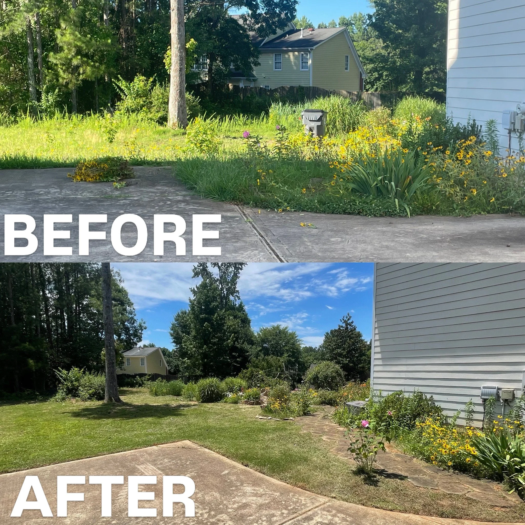Comparison photo showing a backyard garden before and after landscaping and cleanup, with the 'before' part at the top and the 'after' part at the bottom.