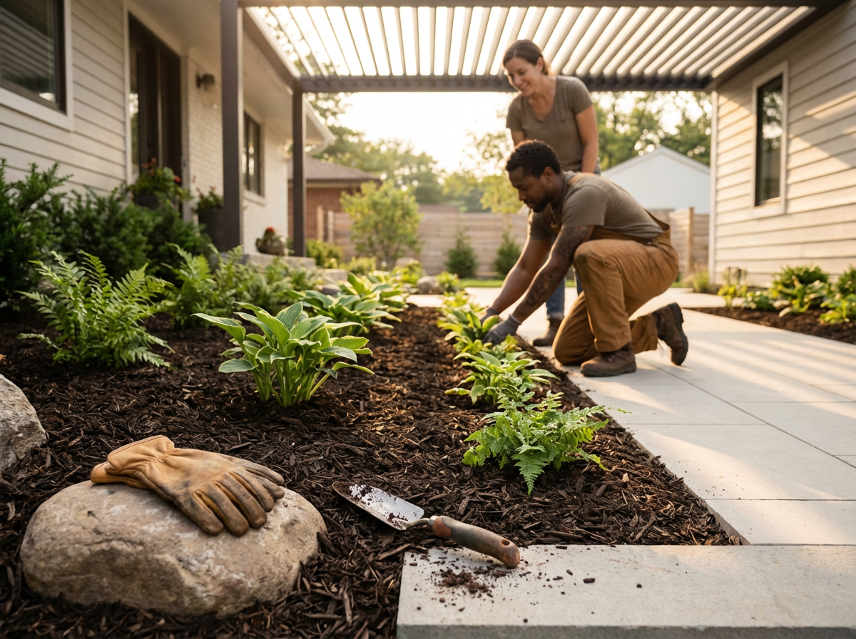 Two people gardening in a backyard, planting flowers along the mulch bed near the sidewalk, with gardening gloves and a trowel on a rock.