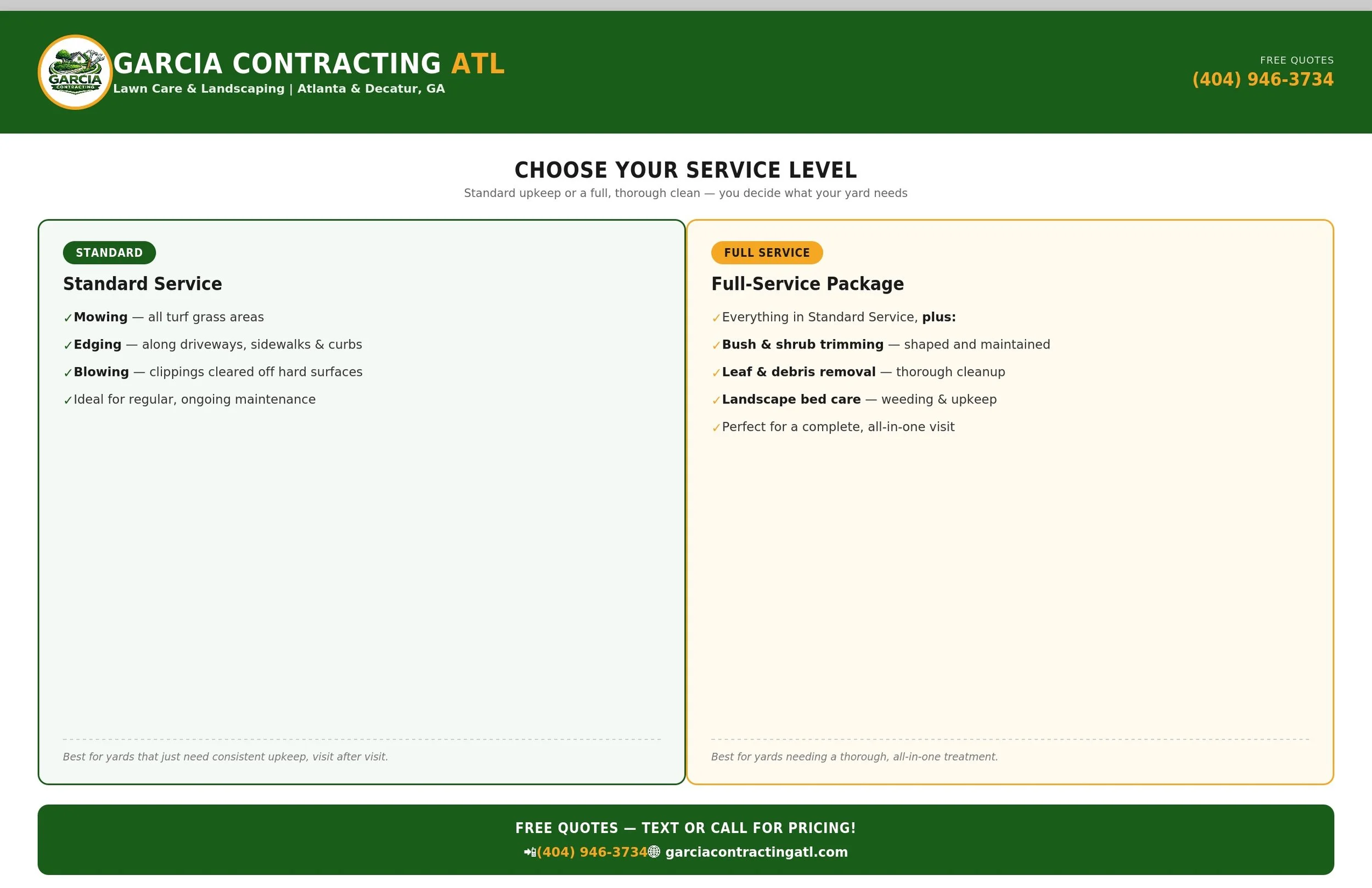 A flyer for Garcia Contracting Atlanta showing service options for lawn care and landscaping, with a green and white color scheme, contact information, and details about standard and full-service packages.