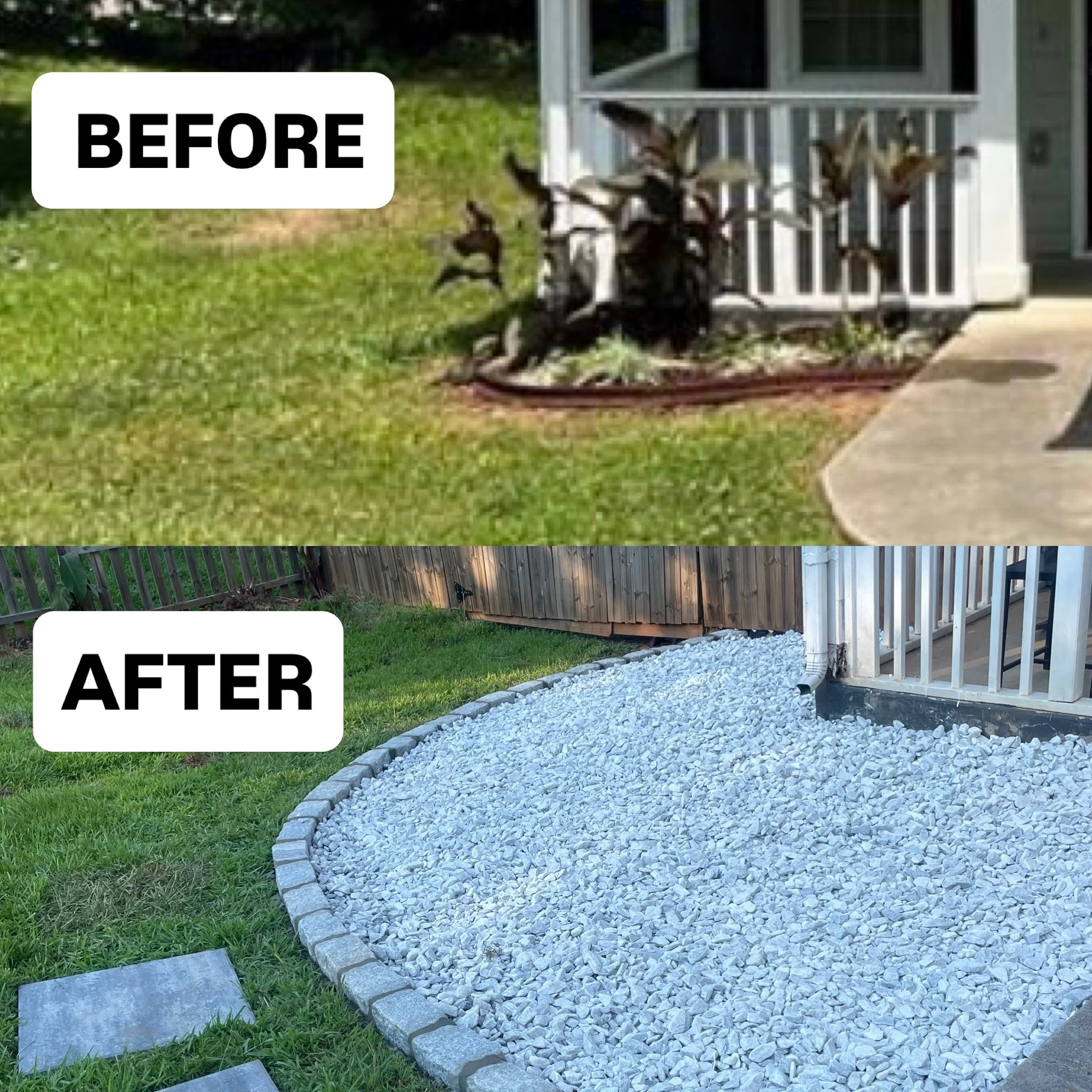 Before and after comparison of a yard project showing a gravel-filled flower bed with a stone border and a wooden deck in the background.