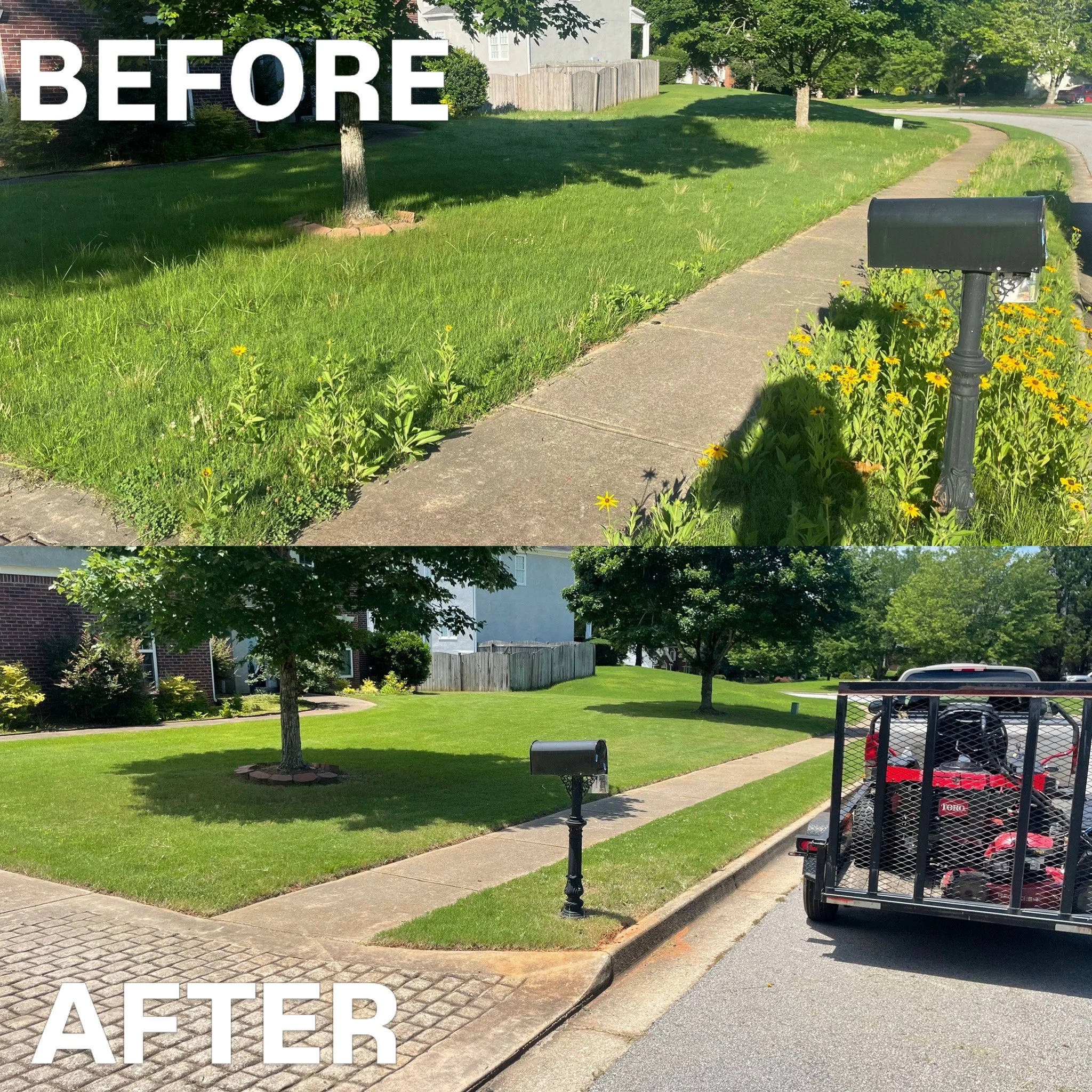 Sidewalk with trees and grass, mailbox with flowers, trailer with golf clubs, and text overlay stating 'BEFORE' at the top and 'AFTER' at the bottom of the image.