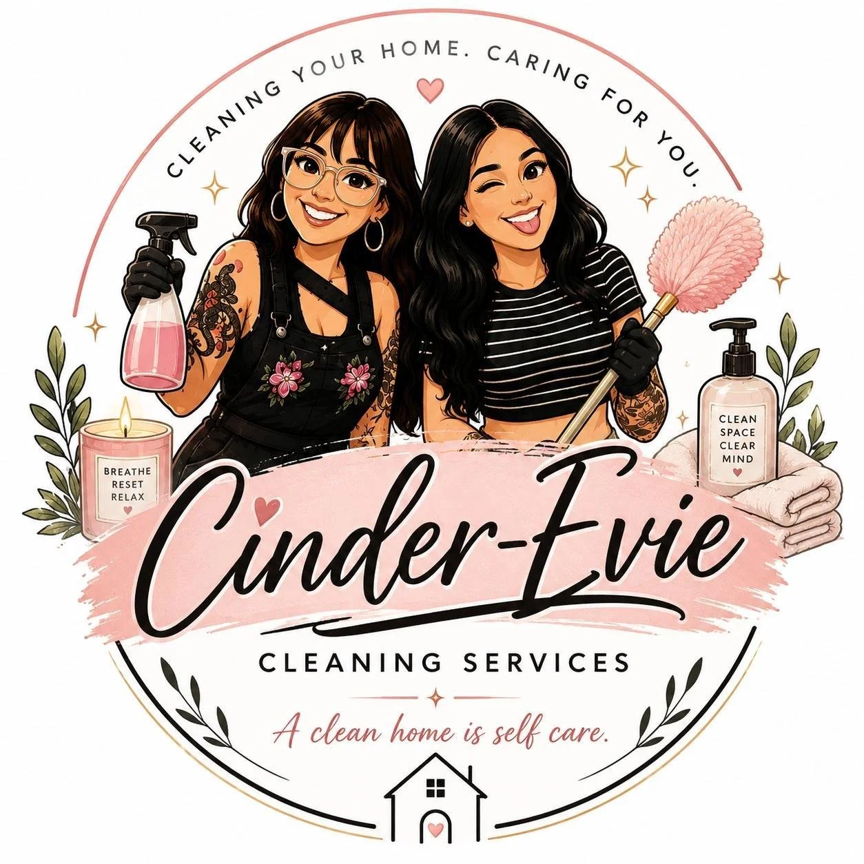 Illustration of two women holding cleaning tools and products, surrounded by decorative leaves, candles, and bottles, promoting under-fire cleaning services with phrases emphasizing self-care and home cleanliness.