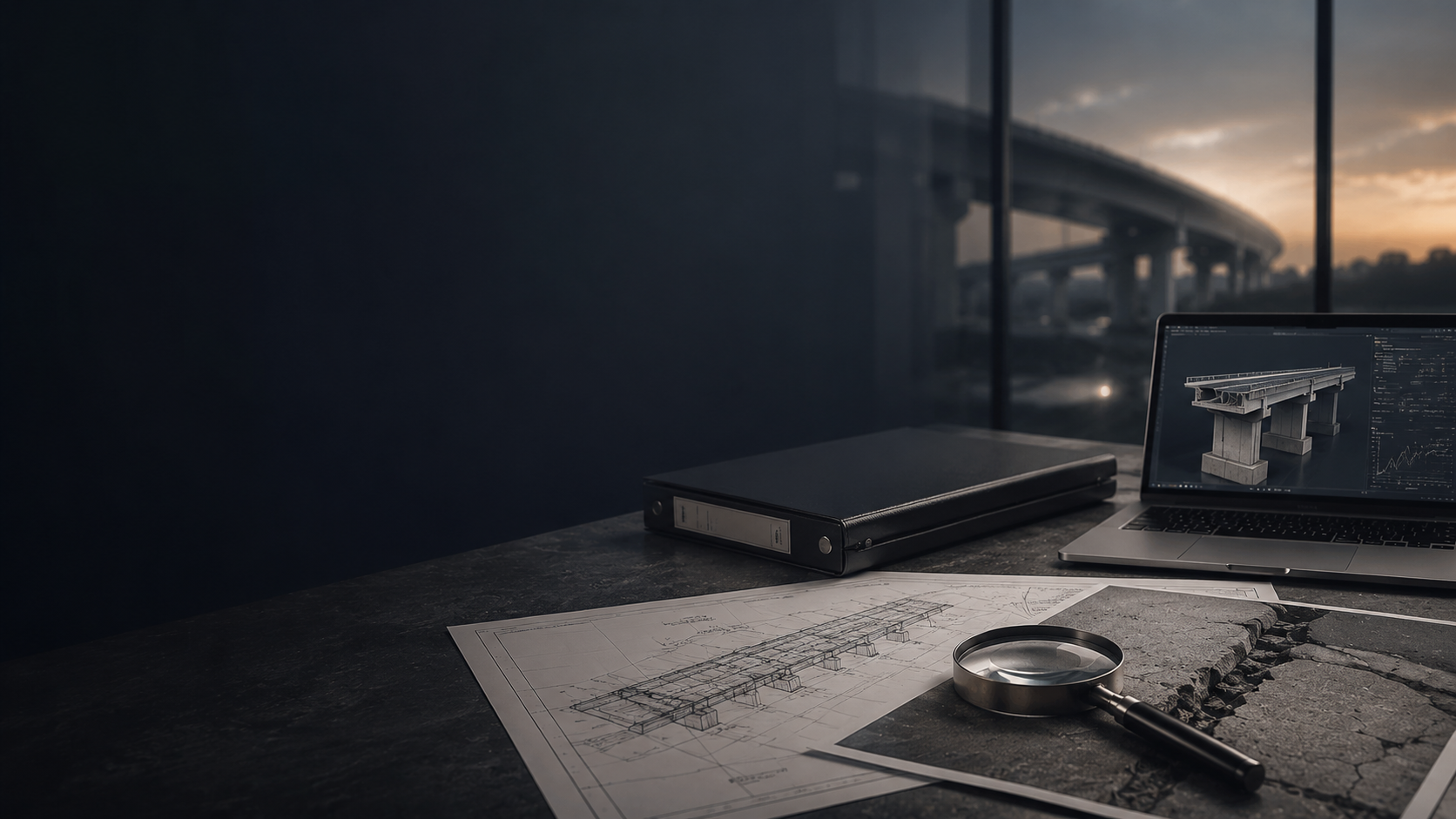Engineering analysis workspace with bridge drawings, inspection photo, magnifying glass, and infrastructure model.